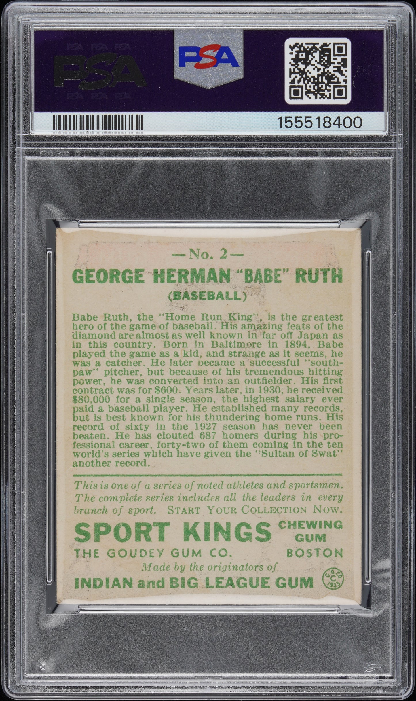 1933 Sport Kings Babe Ruth #2 Baseball PSA 2