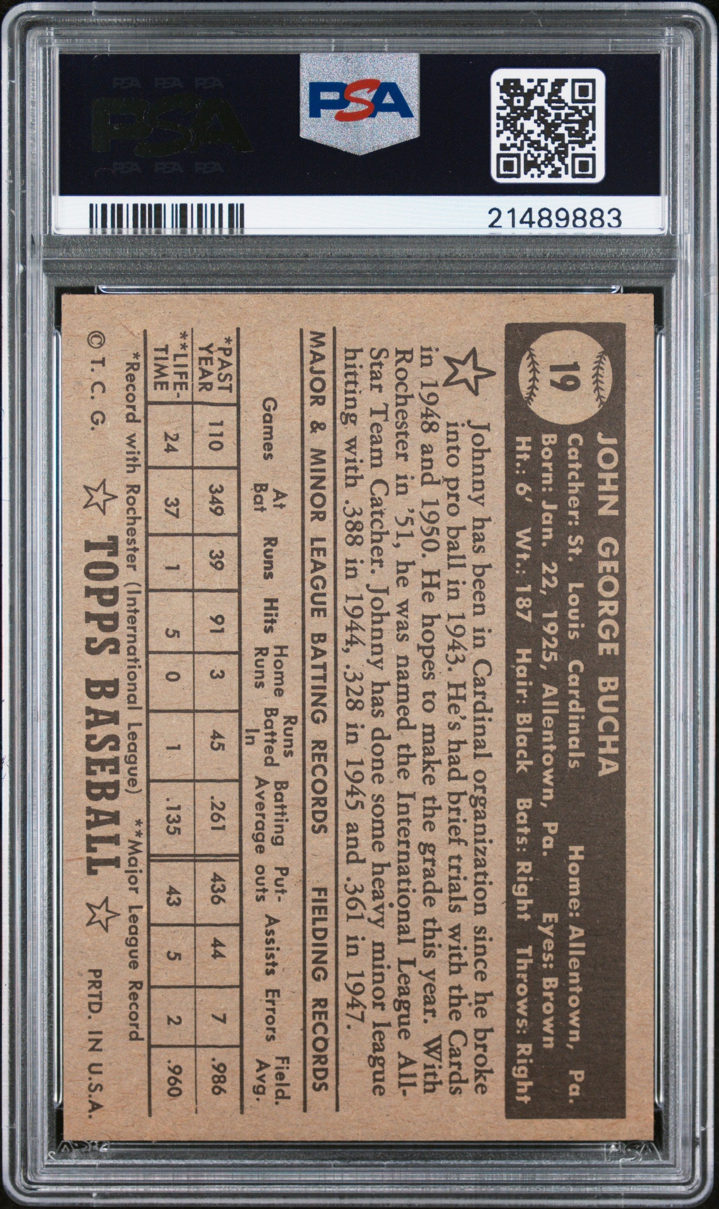 1952 Topps Johnny Bucha #19 Black Back PSA 7
