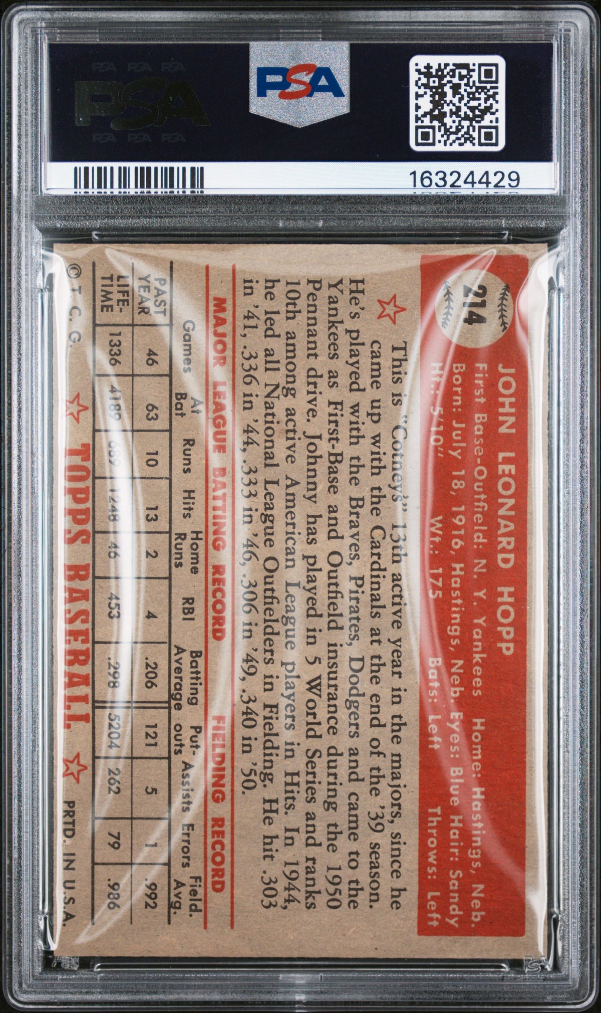 1952 Topps Johnny Hopp #214 PSA 7