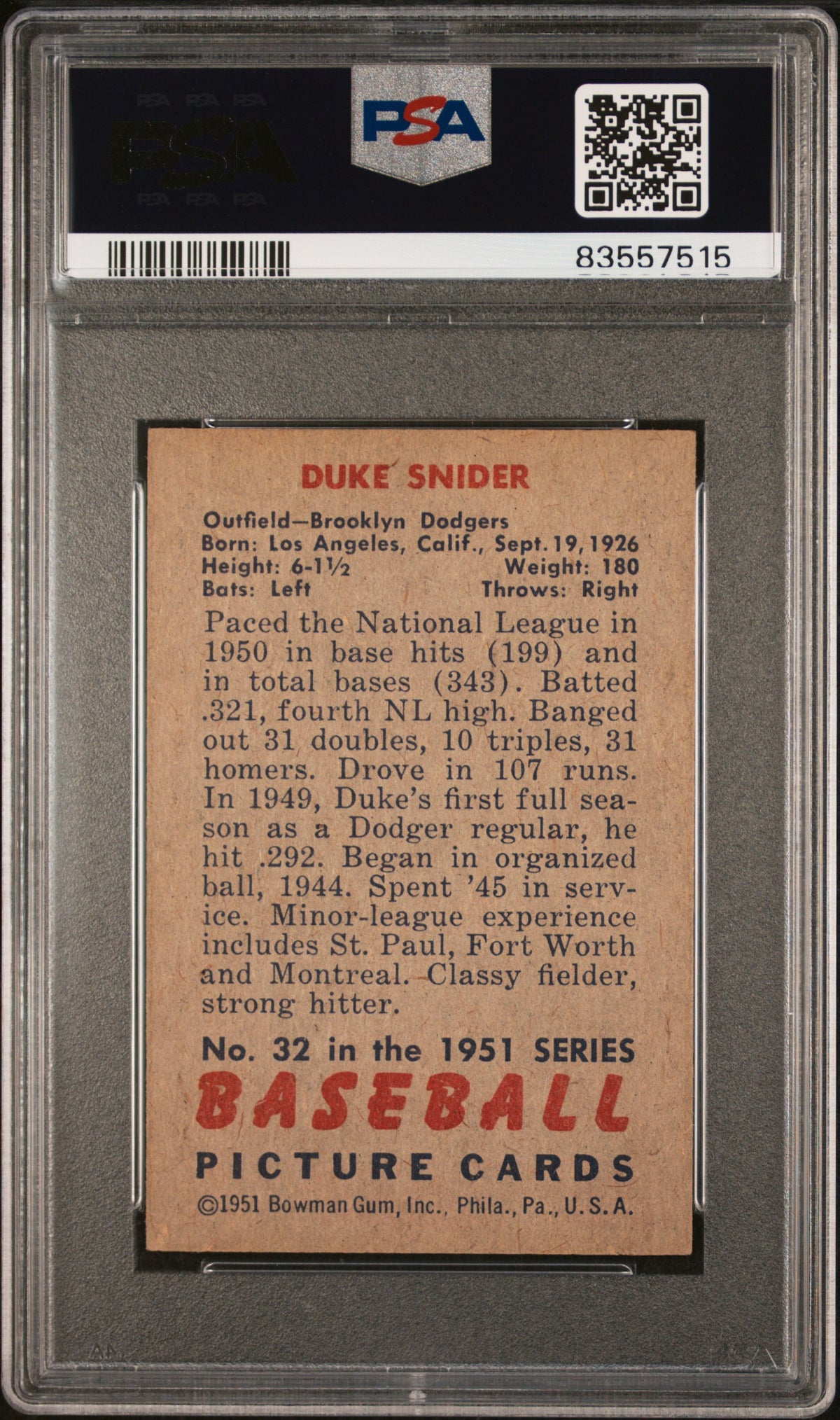 1951 Bowman Duke Snider #32 PSA 7