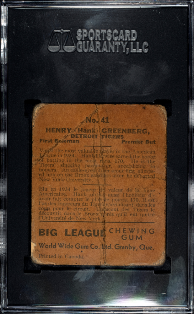 1936 World Wide Gum Co. Hank Greenberg #41 SGC A