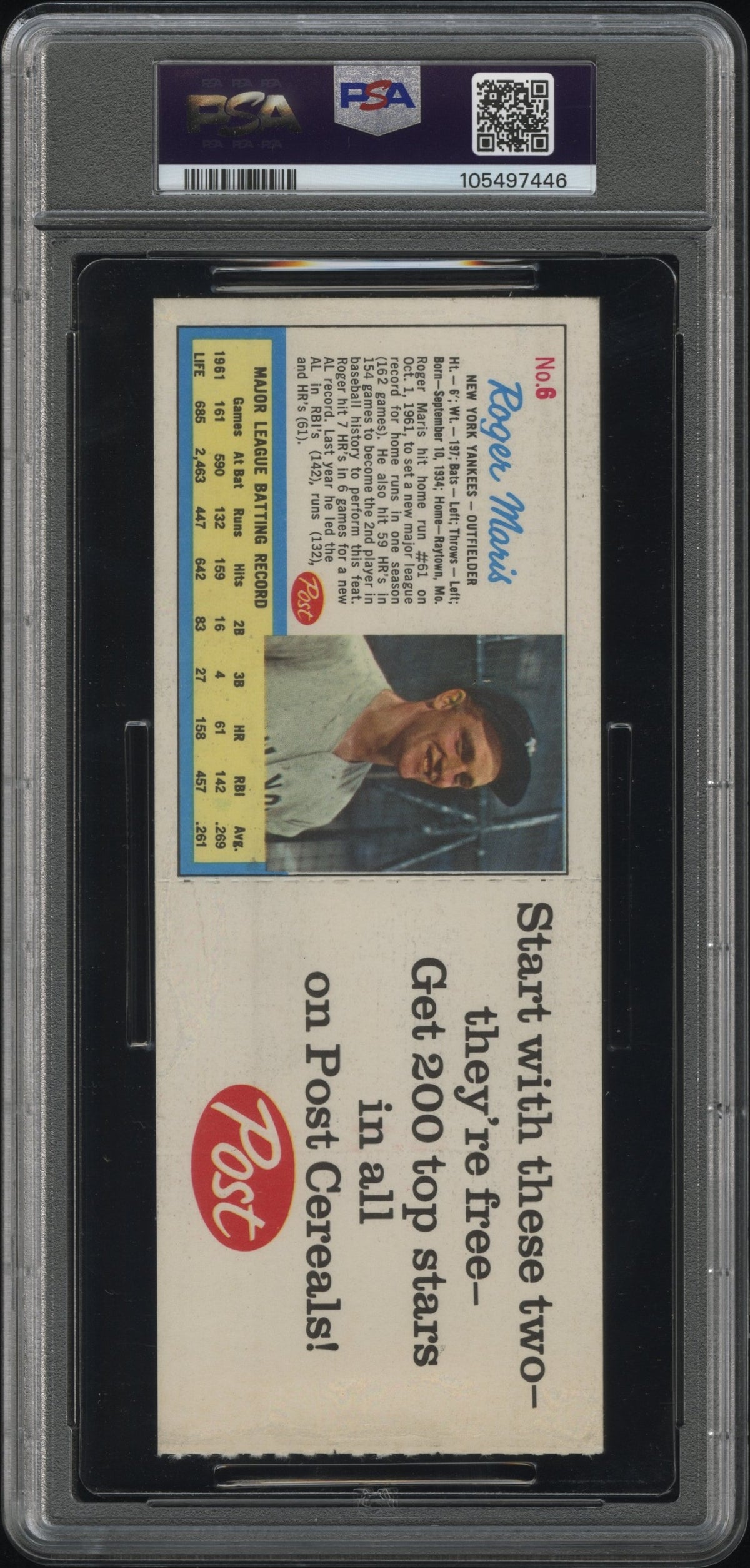 1962 Post Cereal Maris-6 Mantle-5 Perforated Ad Back, Panel PSA 4