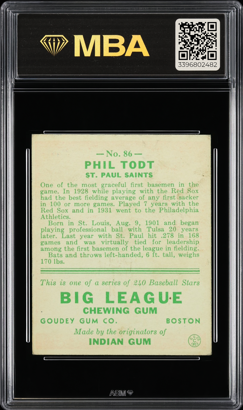 1933 Goudey Phil Todt #86 MBA 4.5