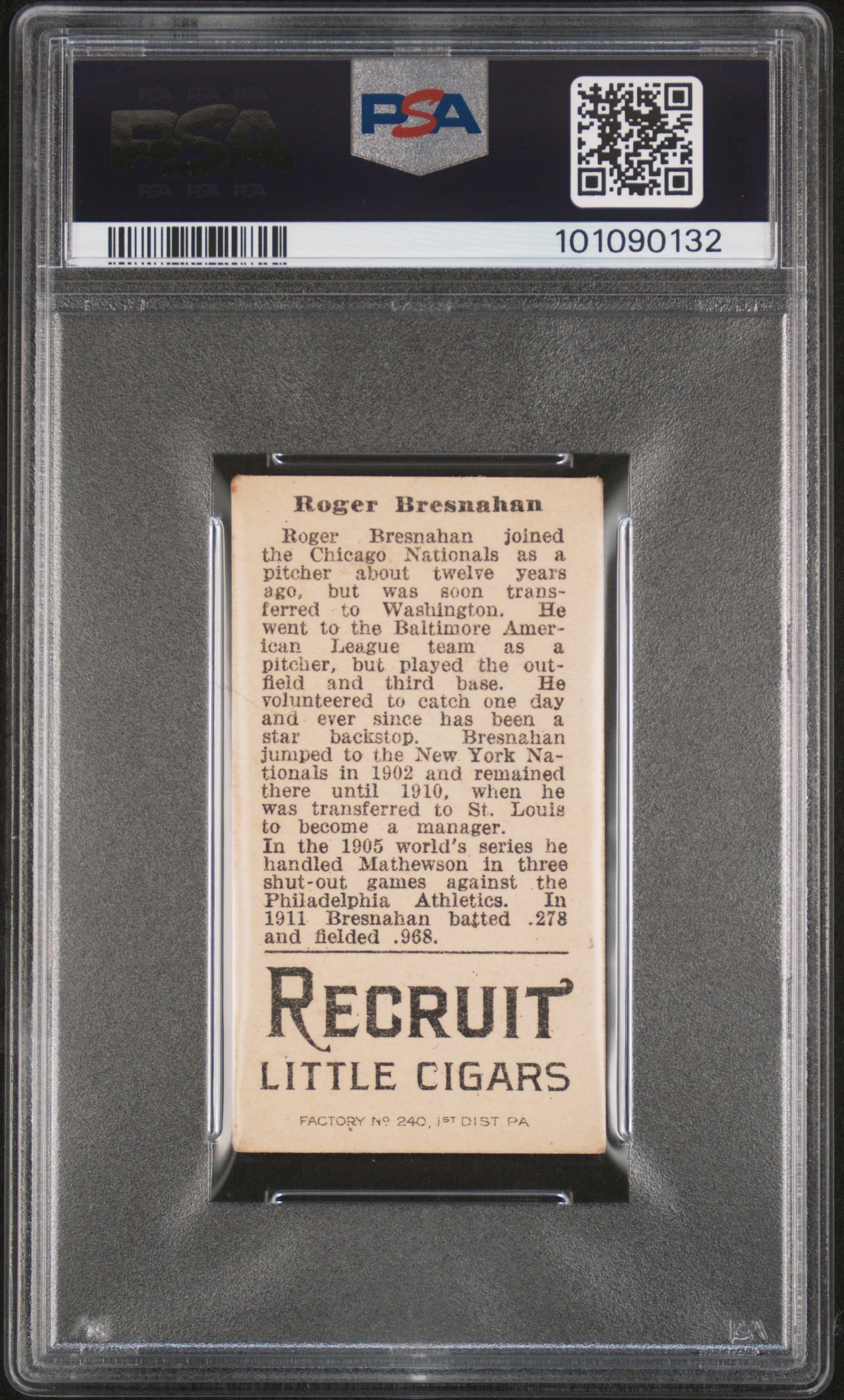 1912 T207 Brown Background Roger Bresnaham (Bresnahan) PSA 3
