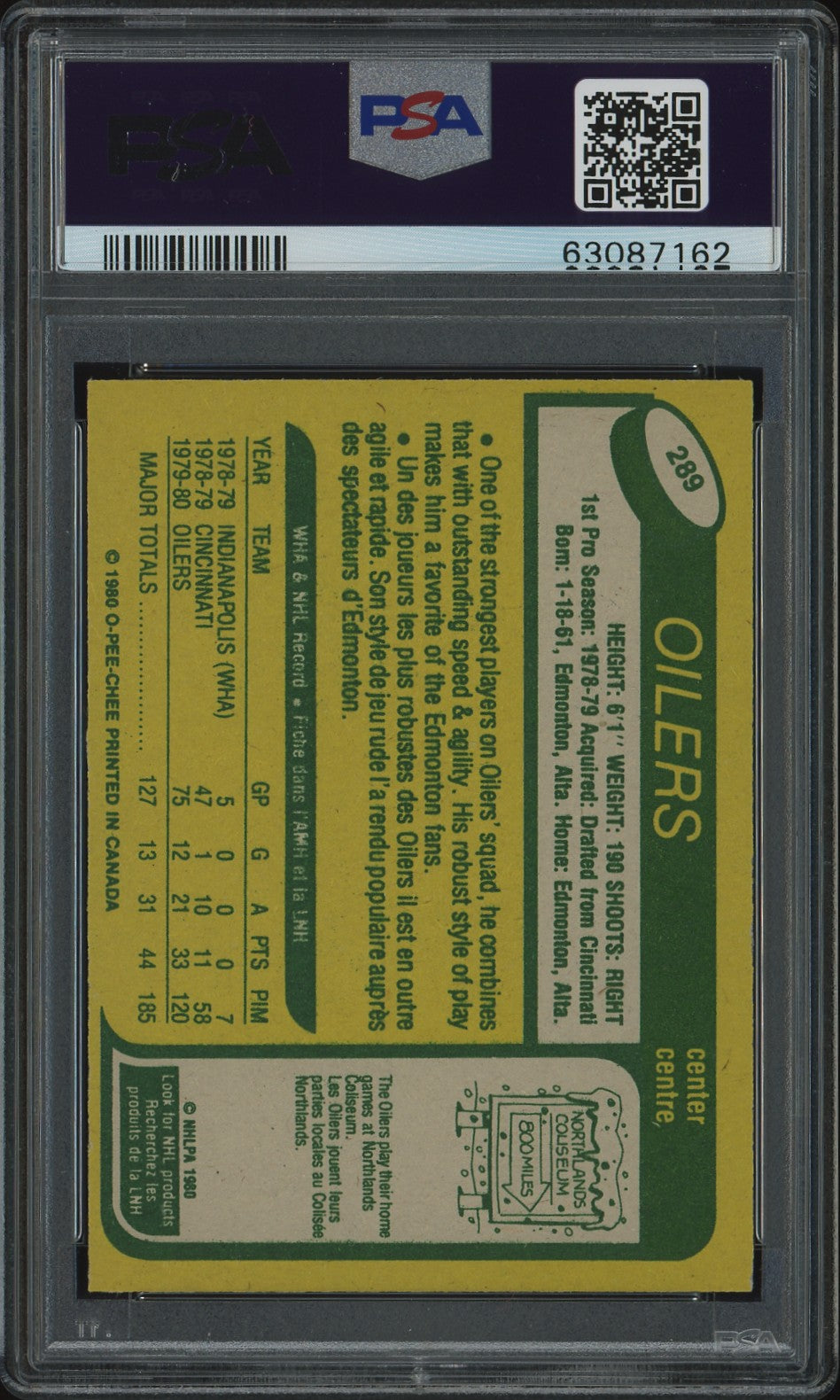 1980 O-Pee-Chee Mark Messier #289 Err BK. Says Shoots RT. PSA 9