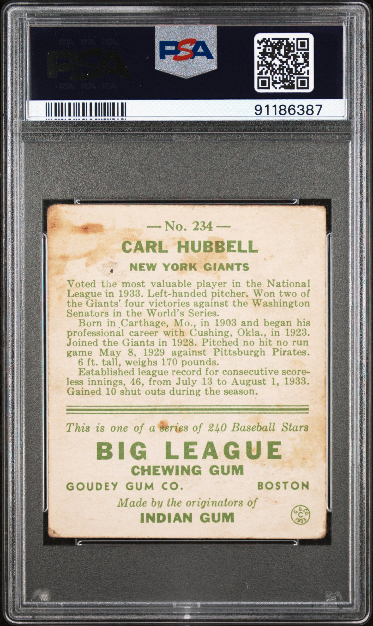 1933 Goudey Carl Hubbell #234 PSA 1.5
