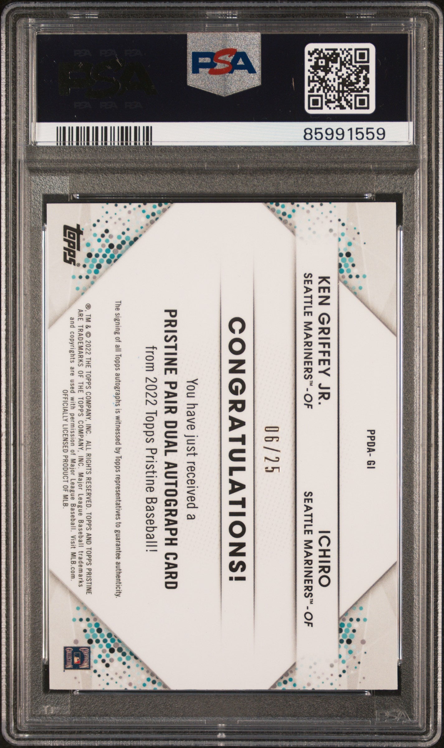 2022 Topps Pristine Pair Dual Autographs Ichiro K. Griffey JR. #PPDA-GI PSA 10