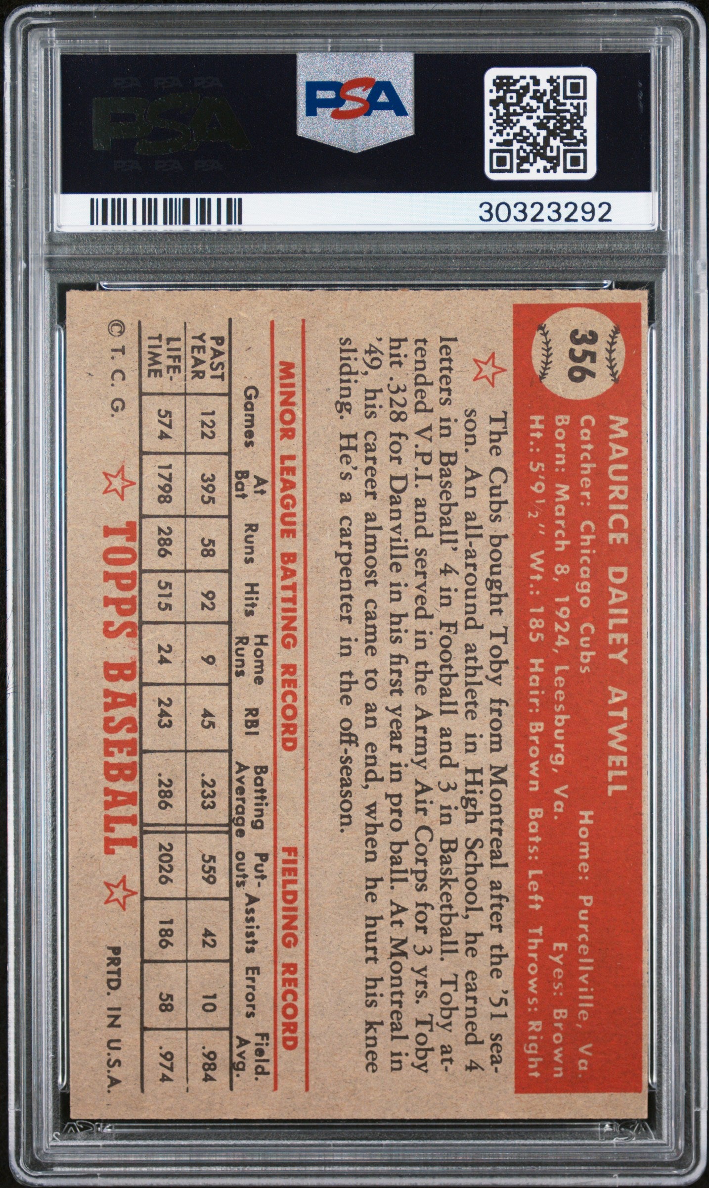 1952 Topps Toby Atwell #356 PSA 7