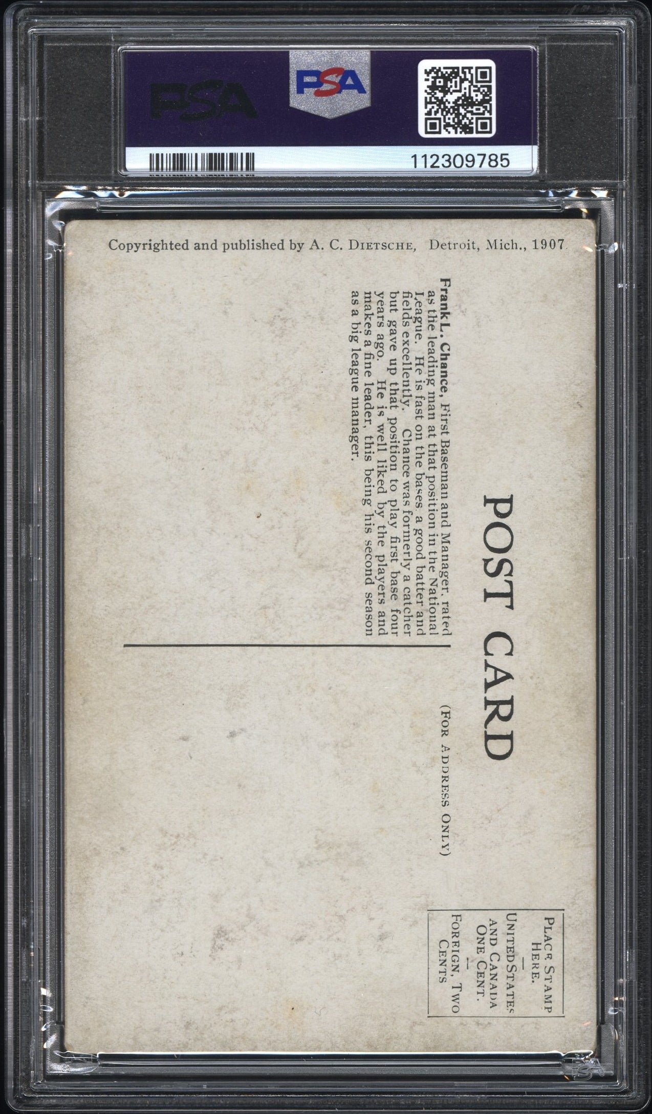 1907 Dietsche Chicago Cubs Postcards Frank L. Chance PSA 3
