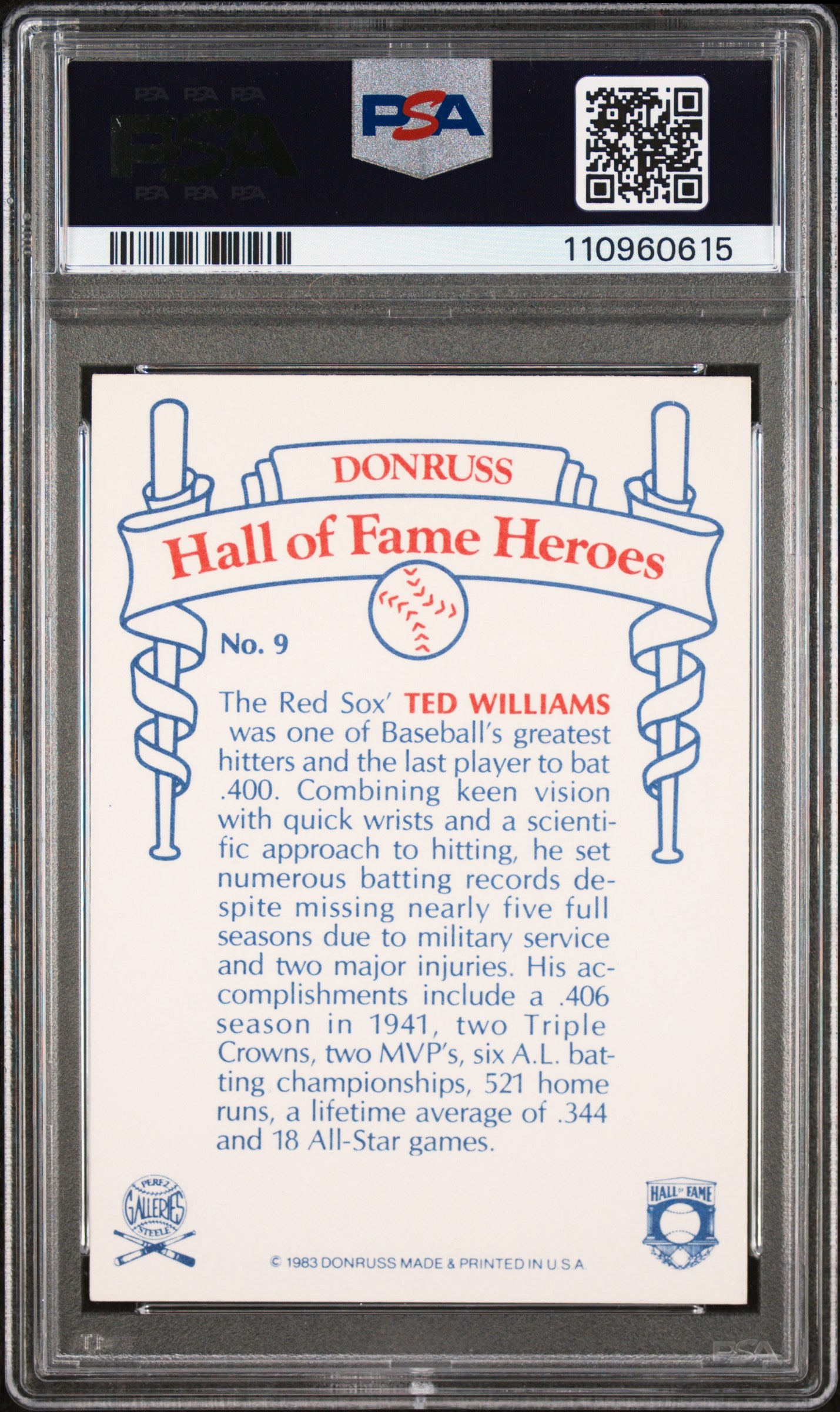 1983 Donruss Hall Of Fame Heroes Ted Williams #9 PSA 5 Auto 10