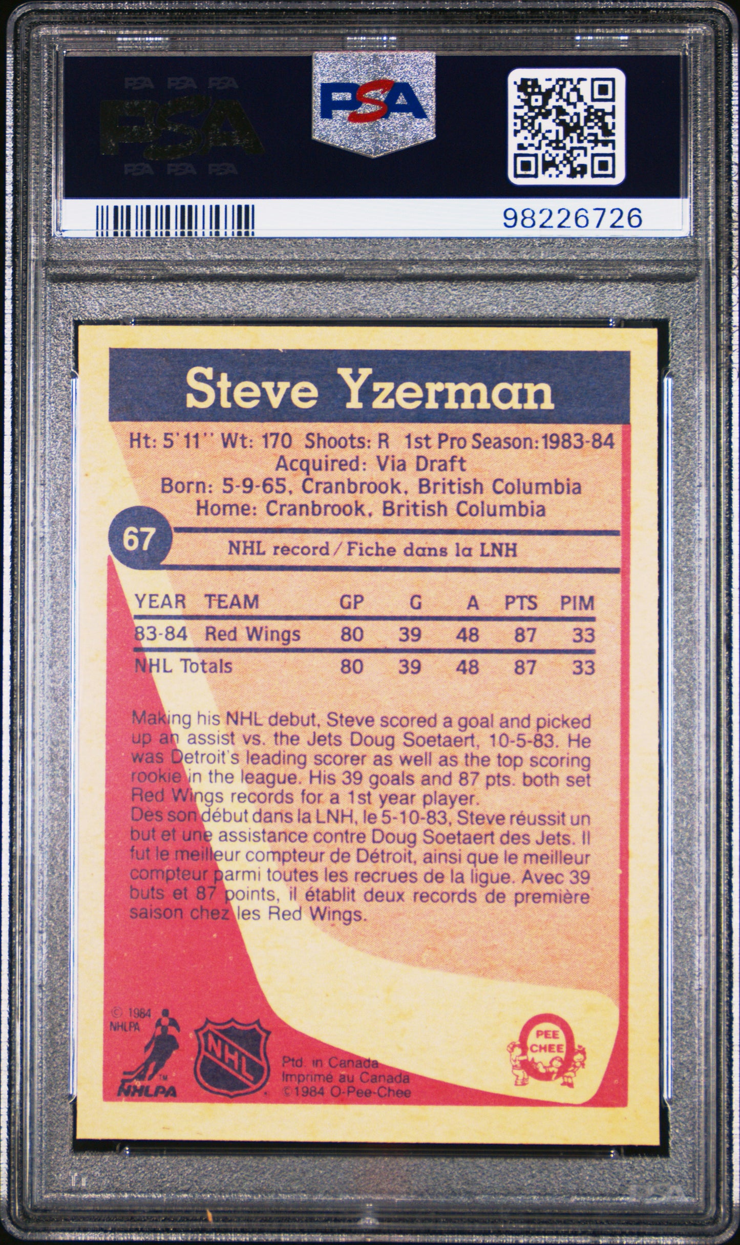 1984 O-Pee-Chee Steve Yzerman #67 PSA 8