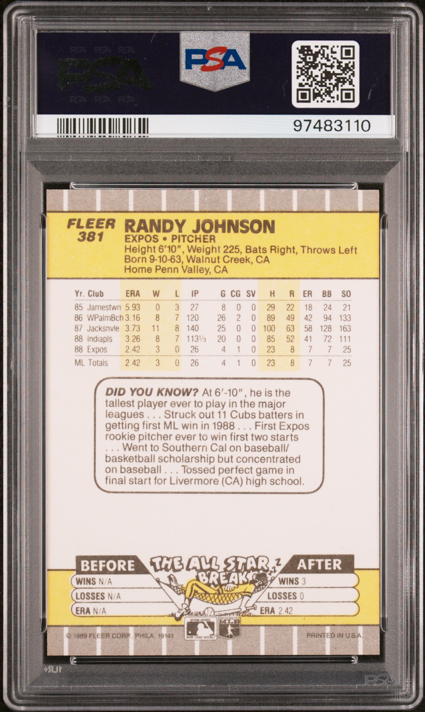 1989 Fleer Randy Johnson #381 Ad Partially Obscured PSA 9