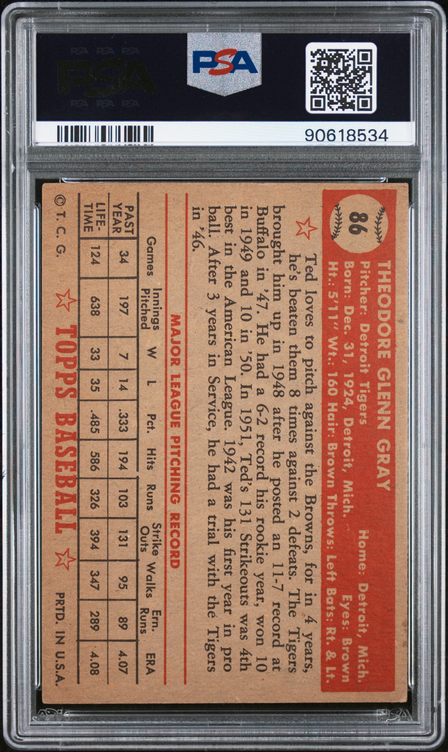 1952 Topps Ted Gray #86 PSA 7
