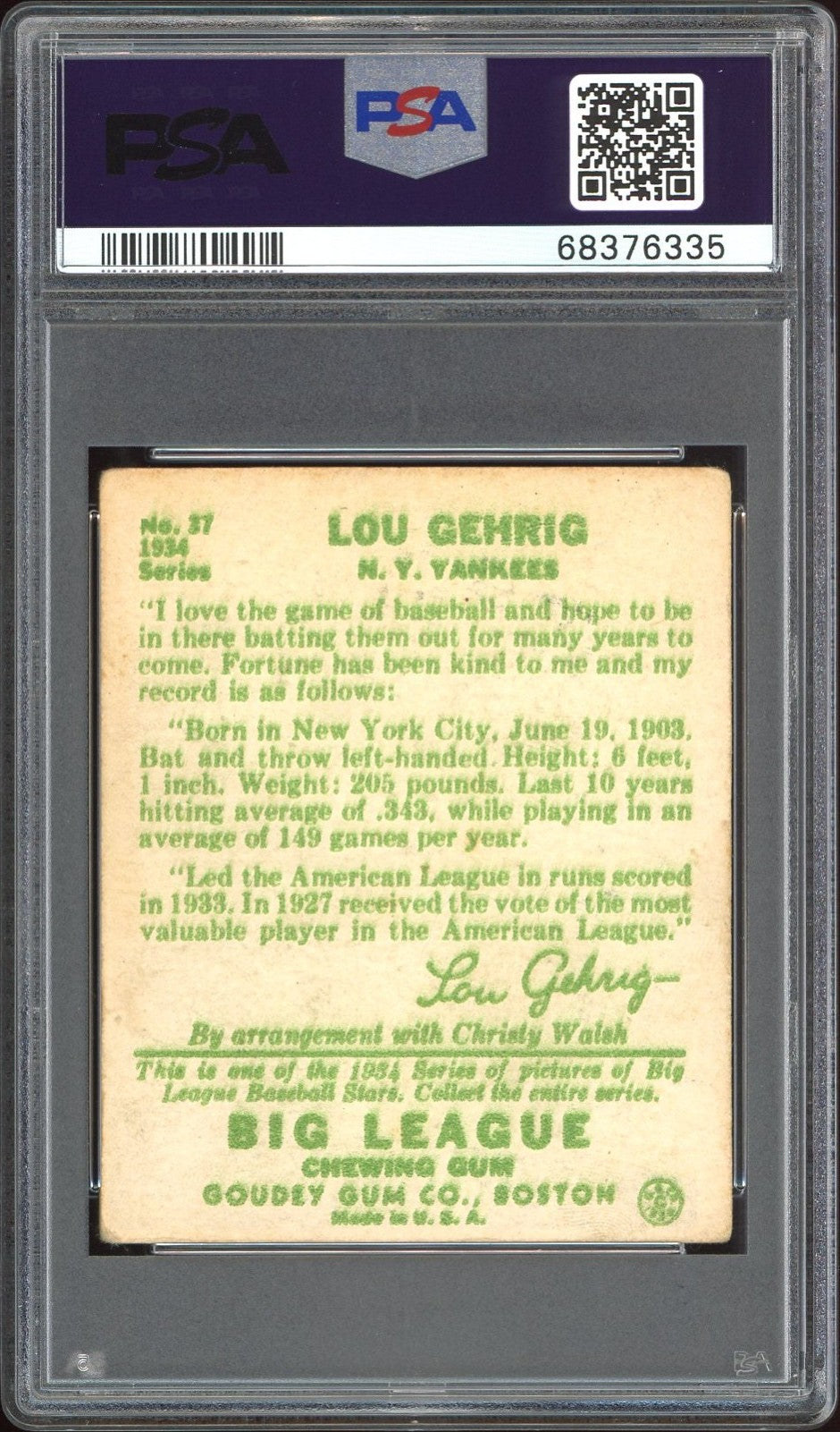1934 Goudey Lou Gehrig #37 PSA 2