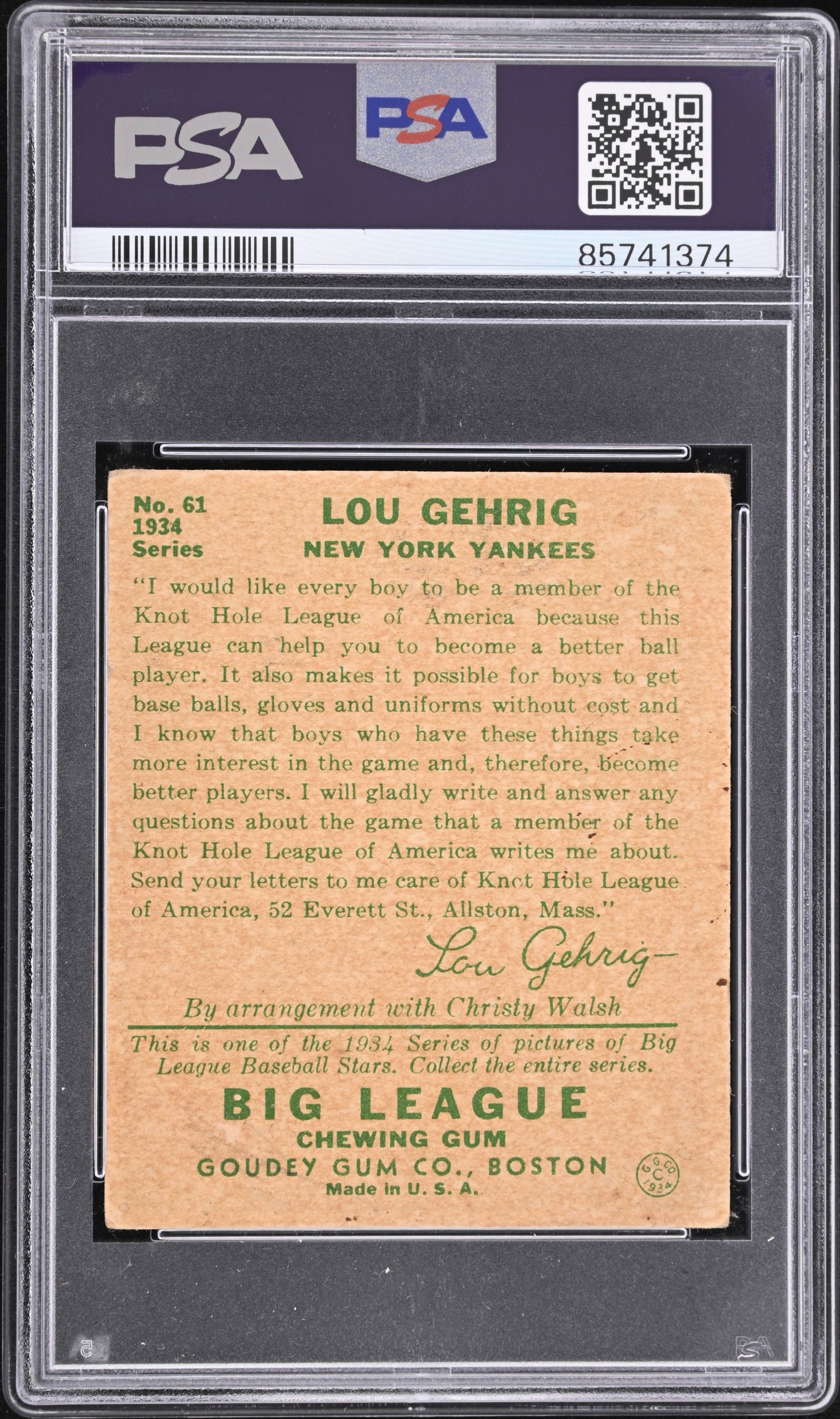 1934 Goudey Lou Gehrig #61 PSA 3