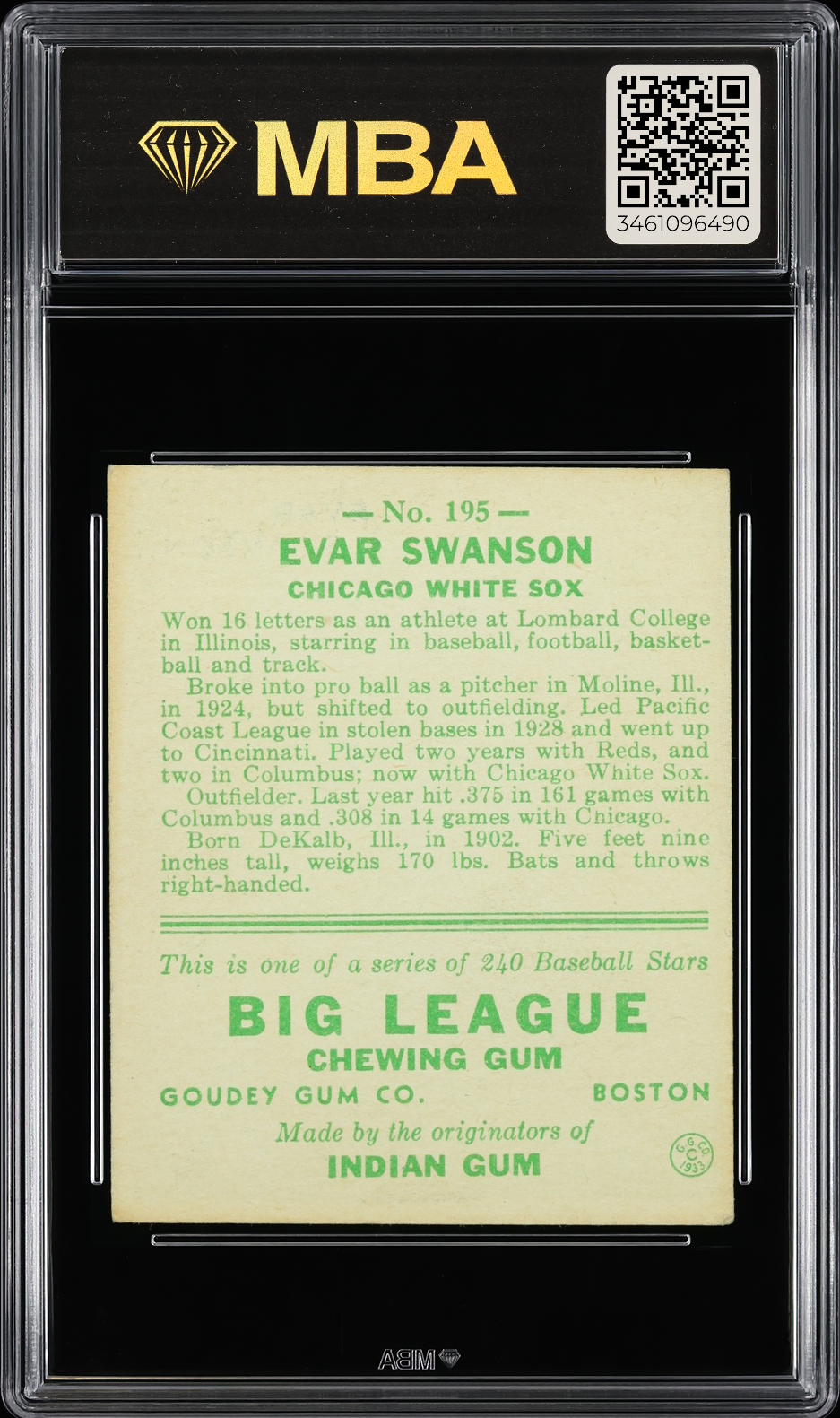 1933 Goudey Evar Swanson #195 MBA 3