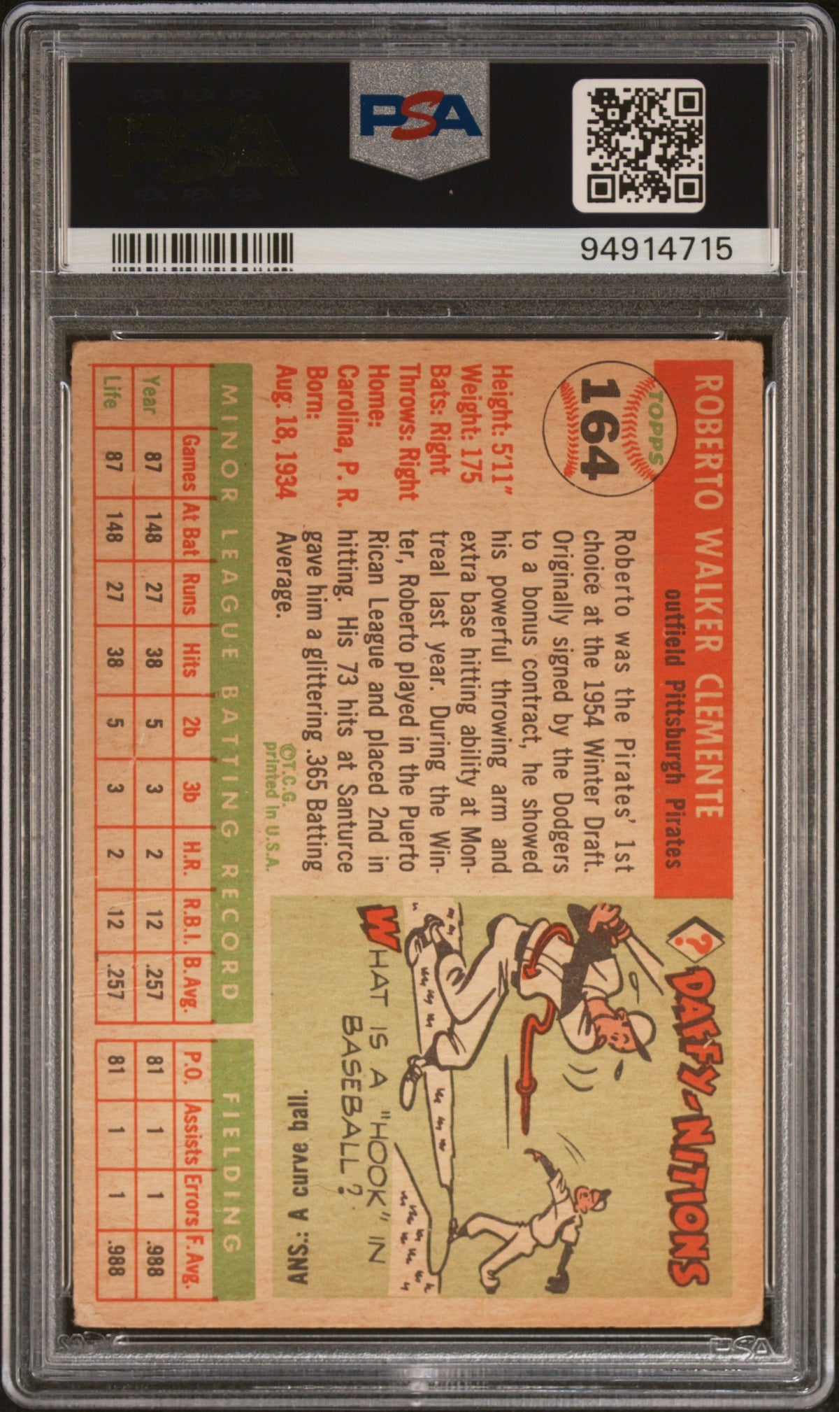 1955 Topps Roberto Clemente #164 PSA 3