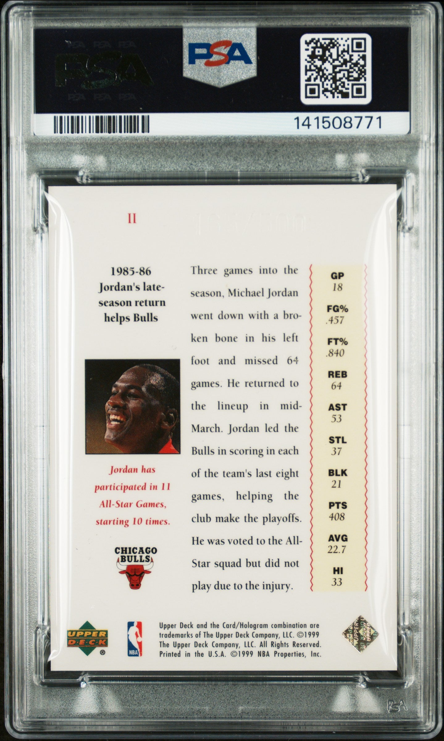 1999 Upper Deck MJ Master Collection Michael Jordan #II Season PSA 10 85/86