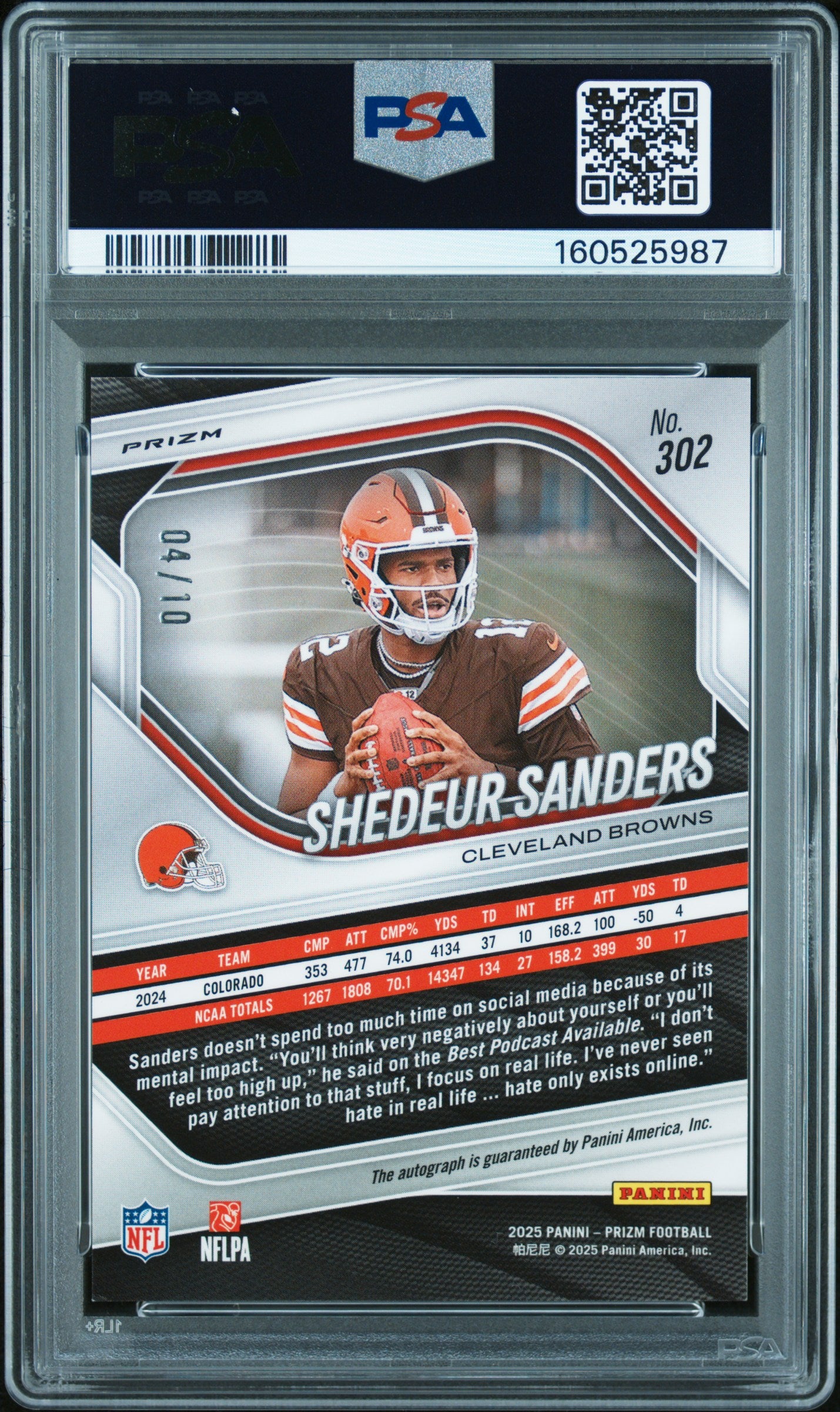 2025 Panini Prizm Shedeur Sanders #302 Autograph Gold PSA 9