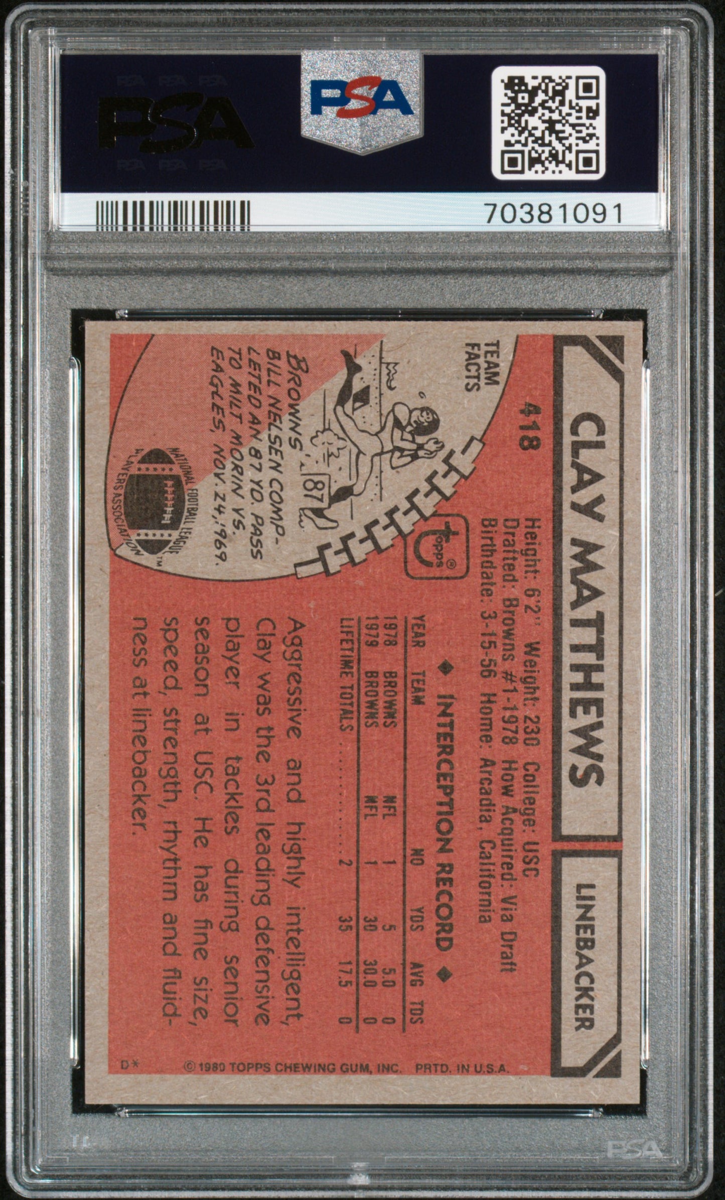 1980 Topps Clay Matthews #418 PSA 9