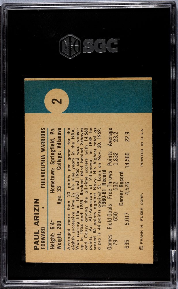 1961 Fleer Paul Arizin #2 SGC 7