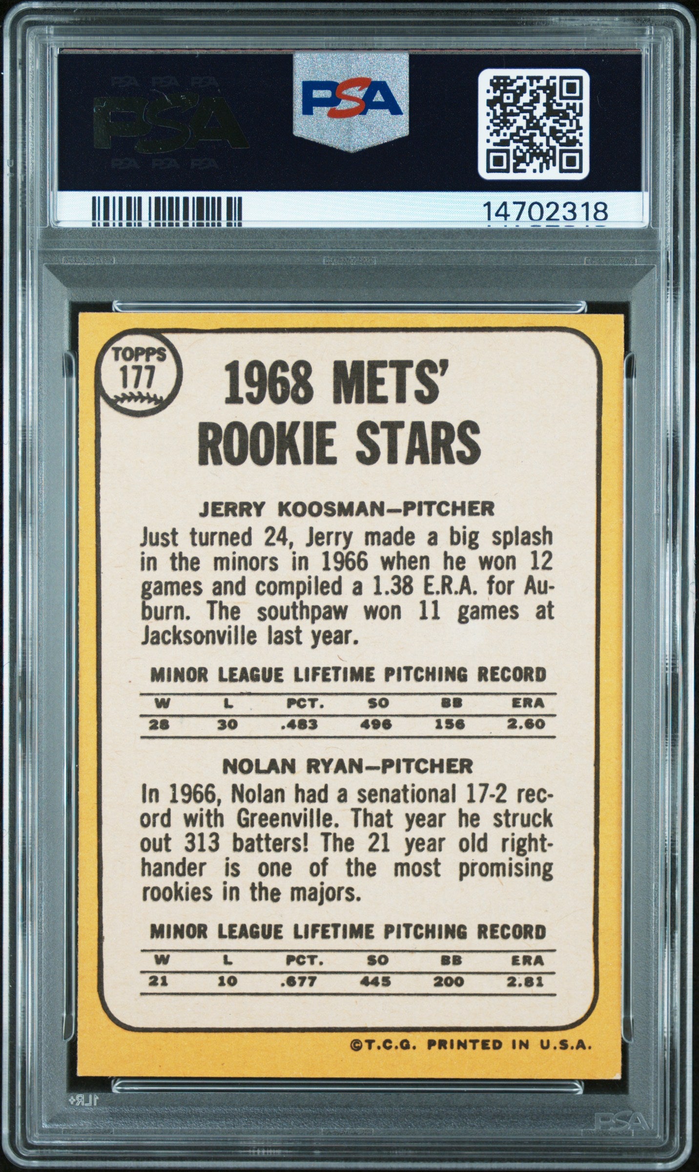 1968 Topps Mets Rookies #177 J. Koosman N. Ryan PSA 7