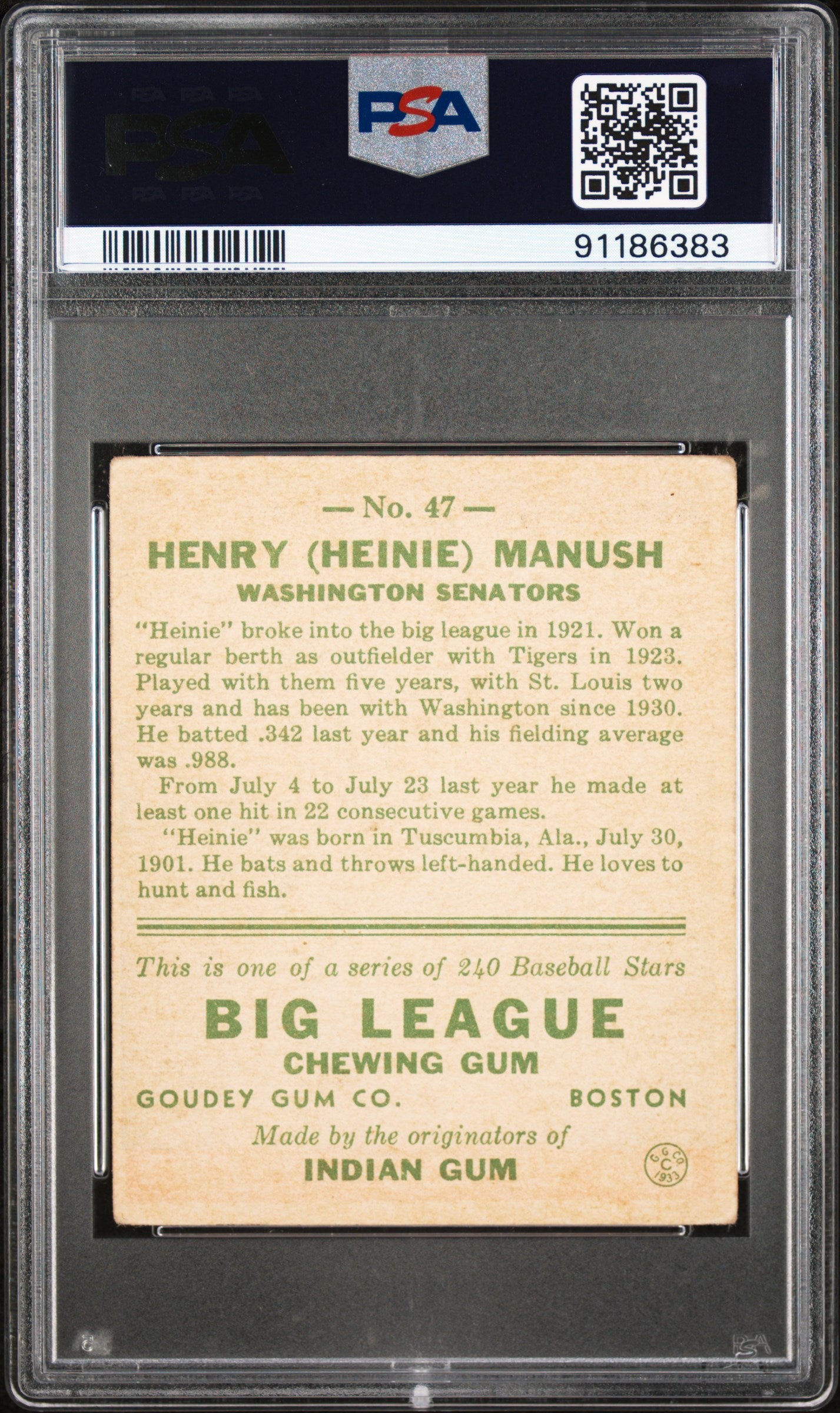 1933 Goudey Heinie Manush #47 PSA 3