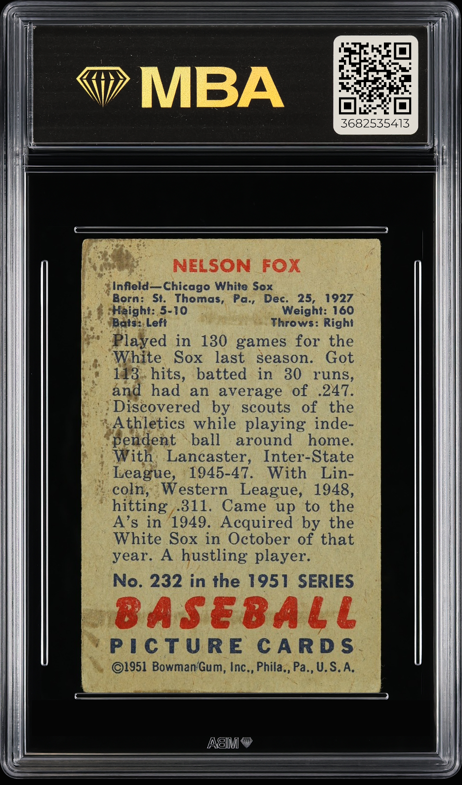1951 Bowman Nelson Fox #232 MBA 2