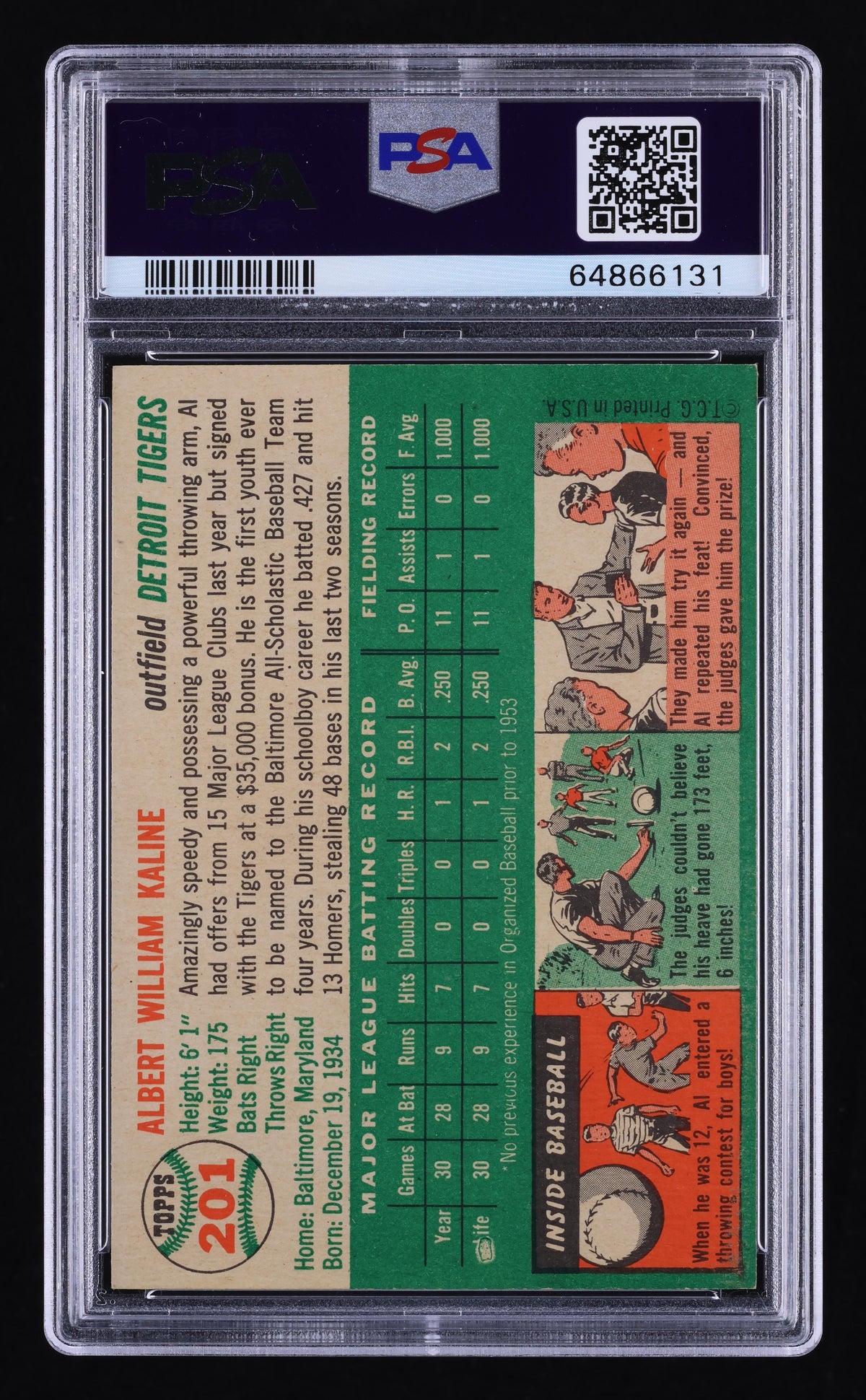 1954 Topps Al Kaline #201 PSA 8 MBA Silver