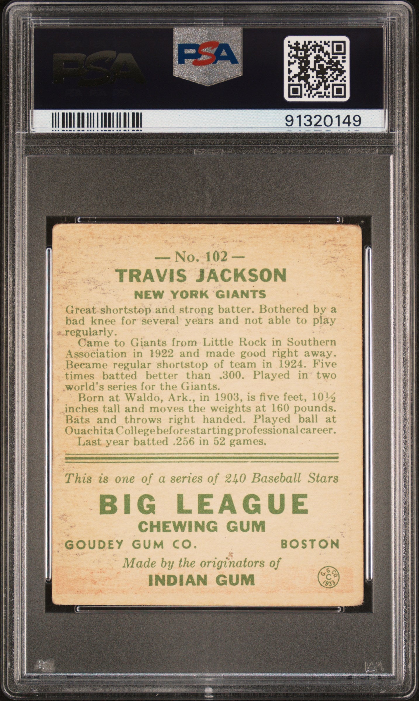 1933 Goudey Travis C. Jackson #102 PSA 3