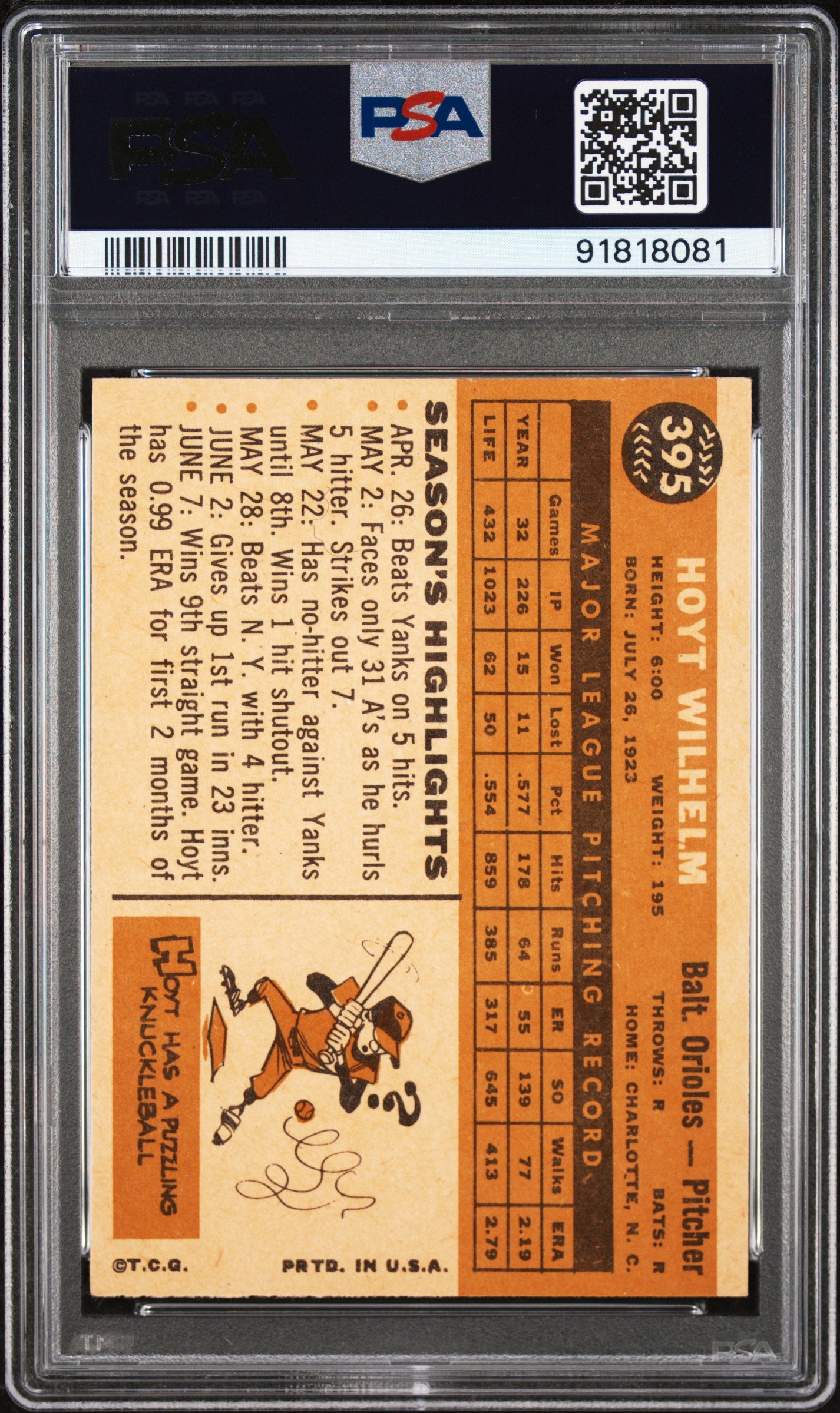 1960 Topps Hoyt Wilhelm #395 PSA 8