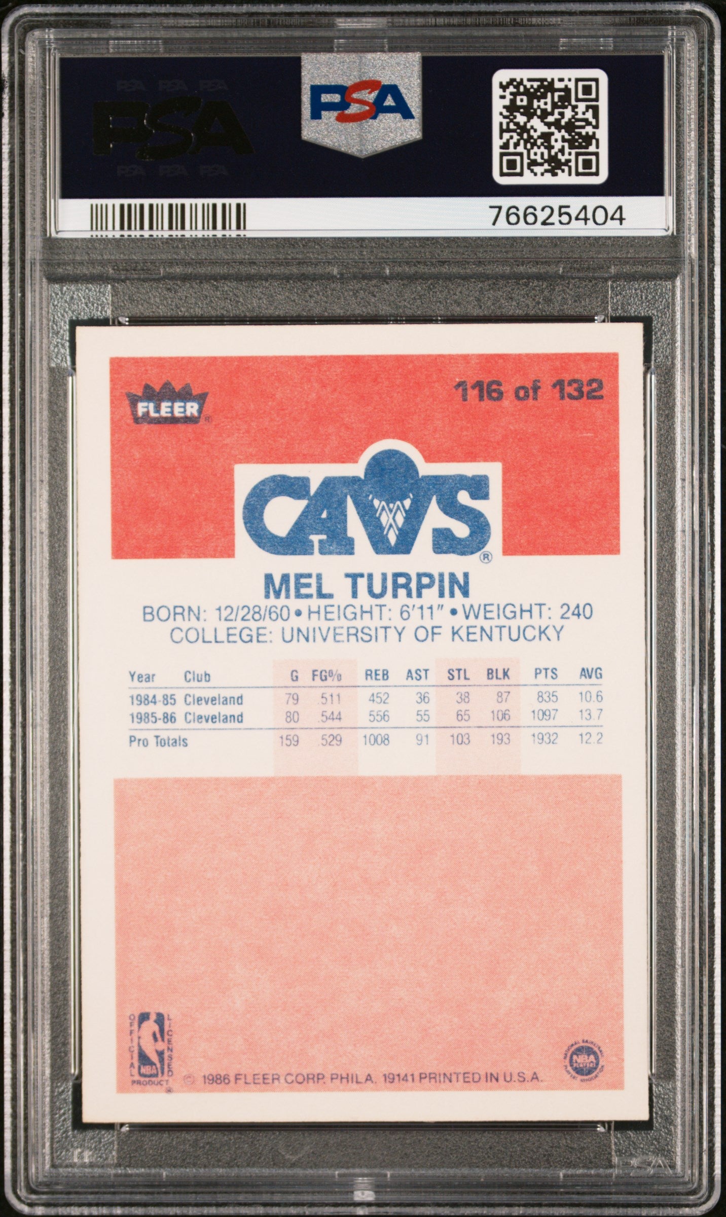 1986 Fleer Melvin Turpin #116 PSA 9
