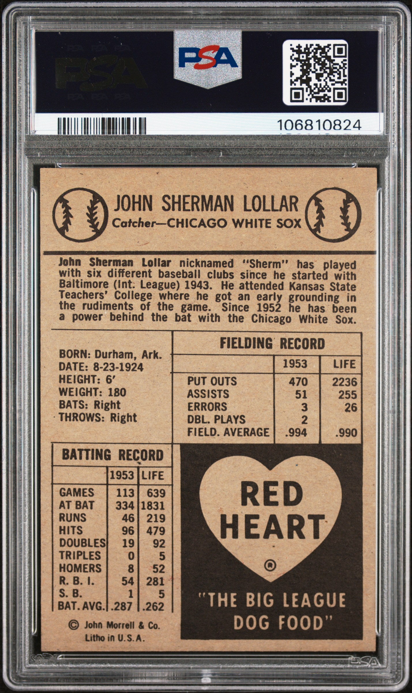 1954 Red Heart Sherman Lollar PSA 8