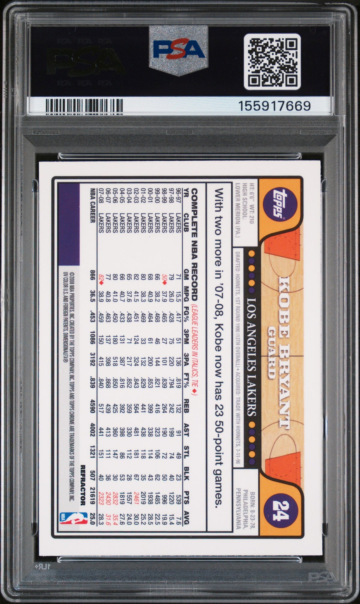 2008 Topps Chrome Kobe Bryant #24 Refractor PSA 9