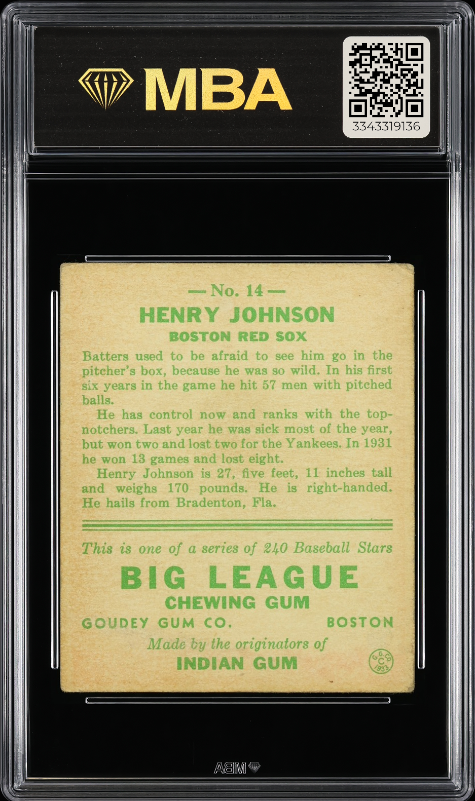 1933 Goudey Henry Johnson #14 MBA 3