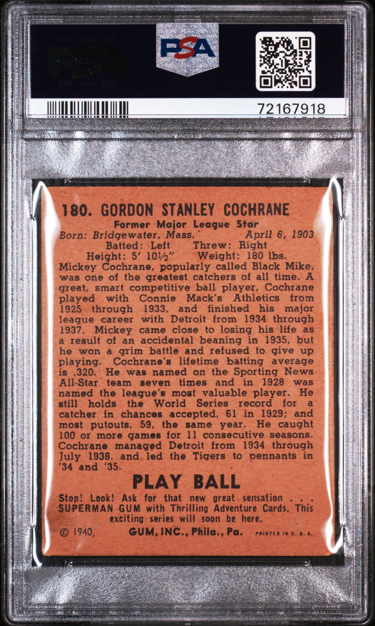1940 Play Ball Mickey Cochrane #180 PSA 3