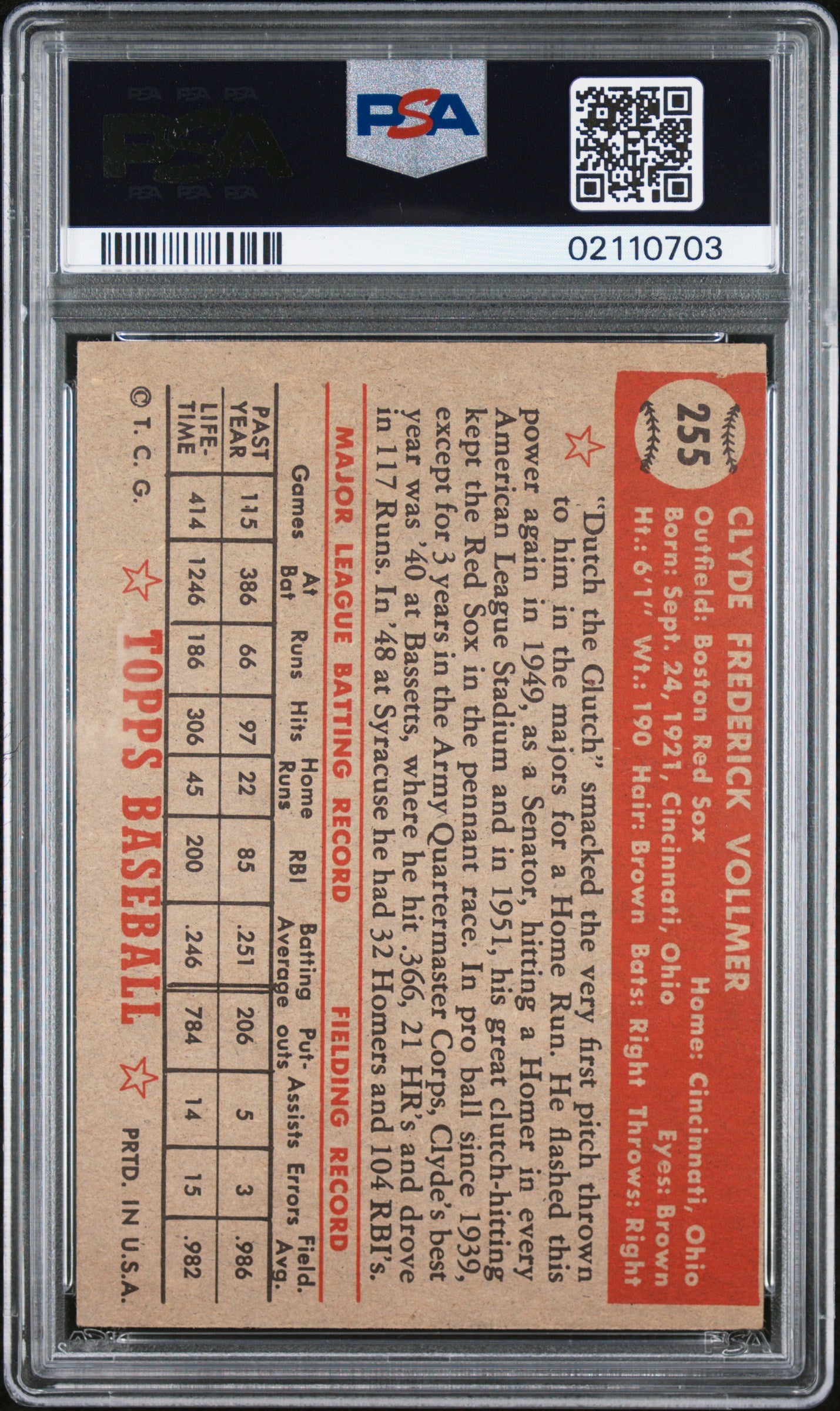 1952 Topps Clyde Vollmer #255 PSA 7
