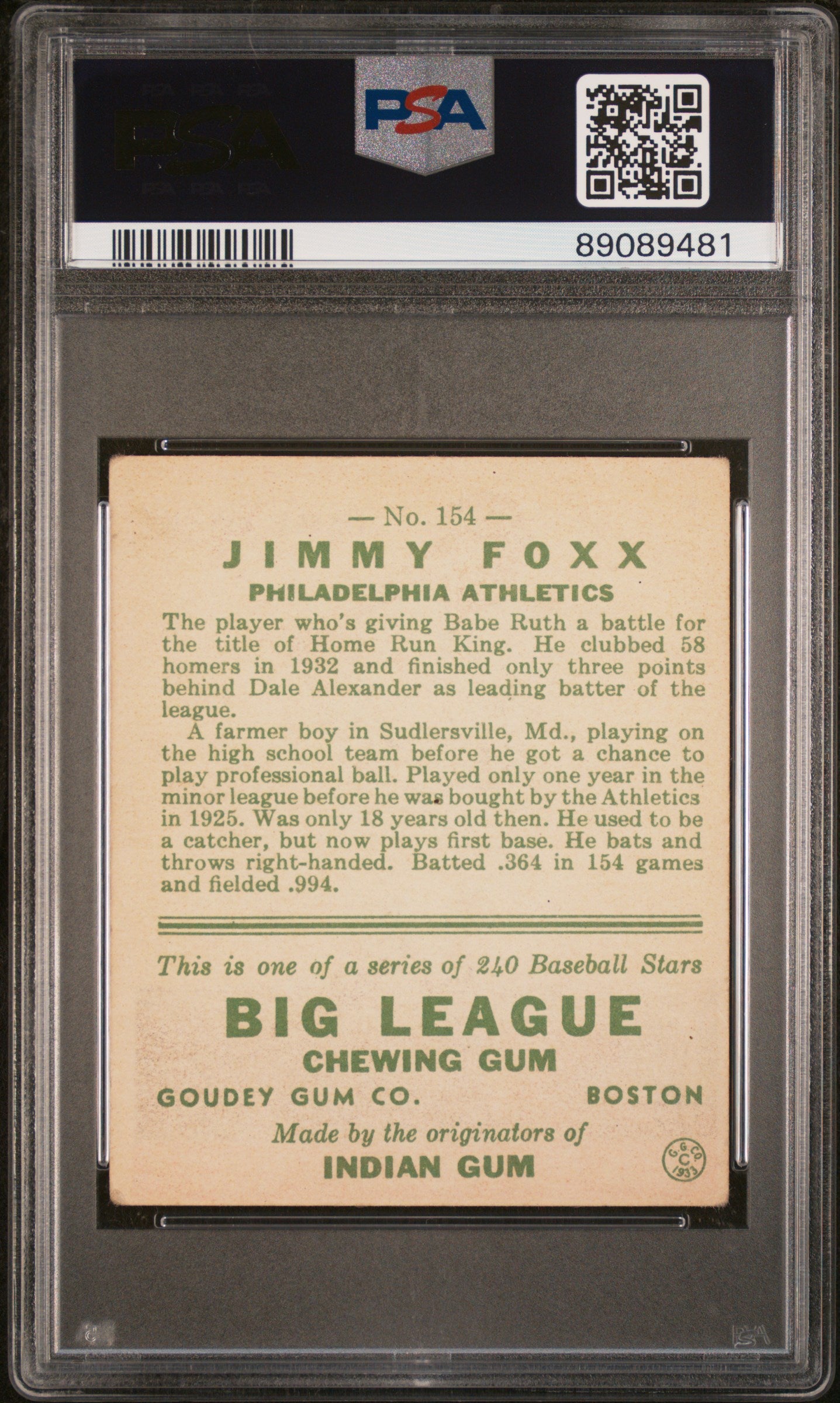 1933 Goudey Jimmy Foxx #154 PSA 3
