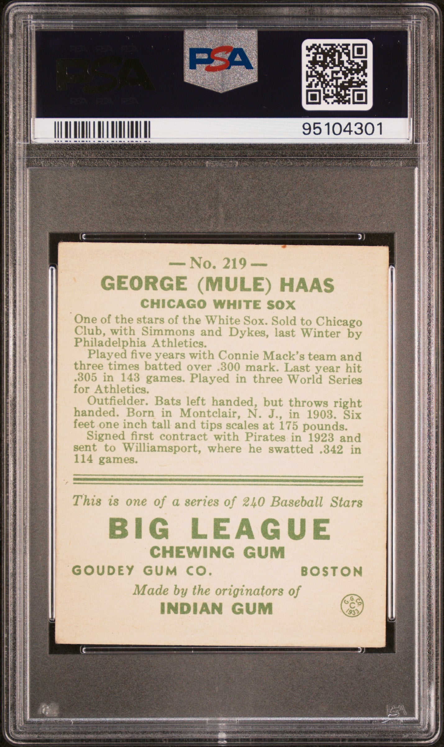 1933 Goudey Mule Haas #219 PSA 4