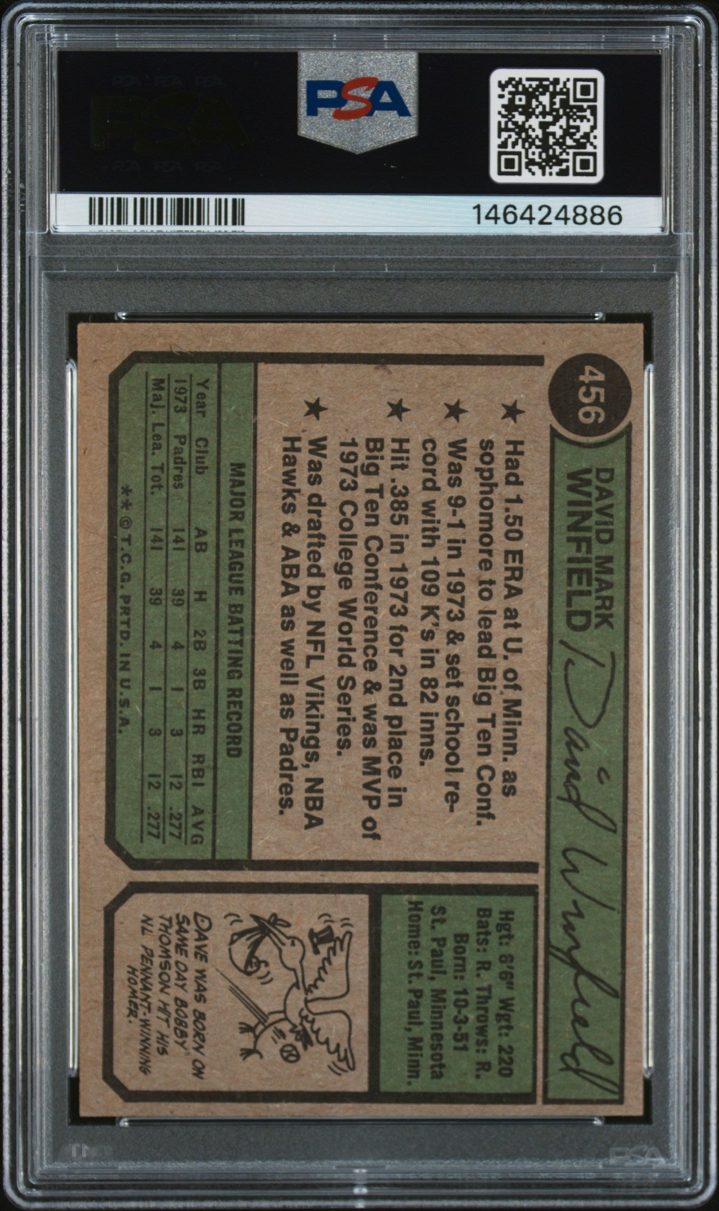1974 Topps Dave Winfield #456 PSA 8 Auto 10