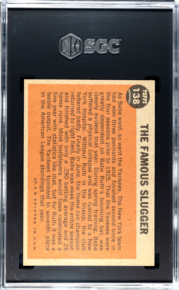 1962 Topps The Famous Slugger #138 Babe Ruth Special Green Tint SGC 7