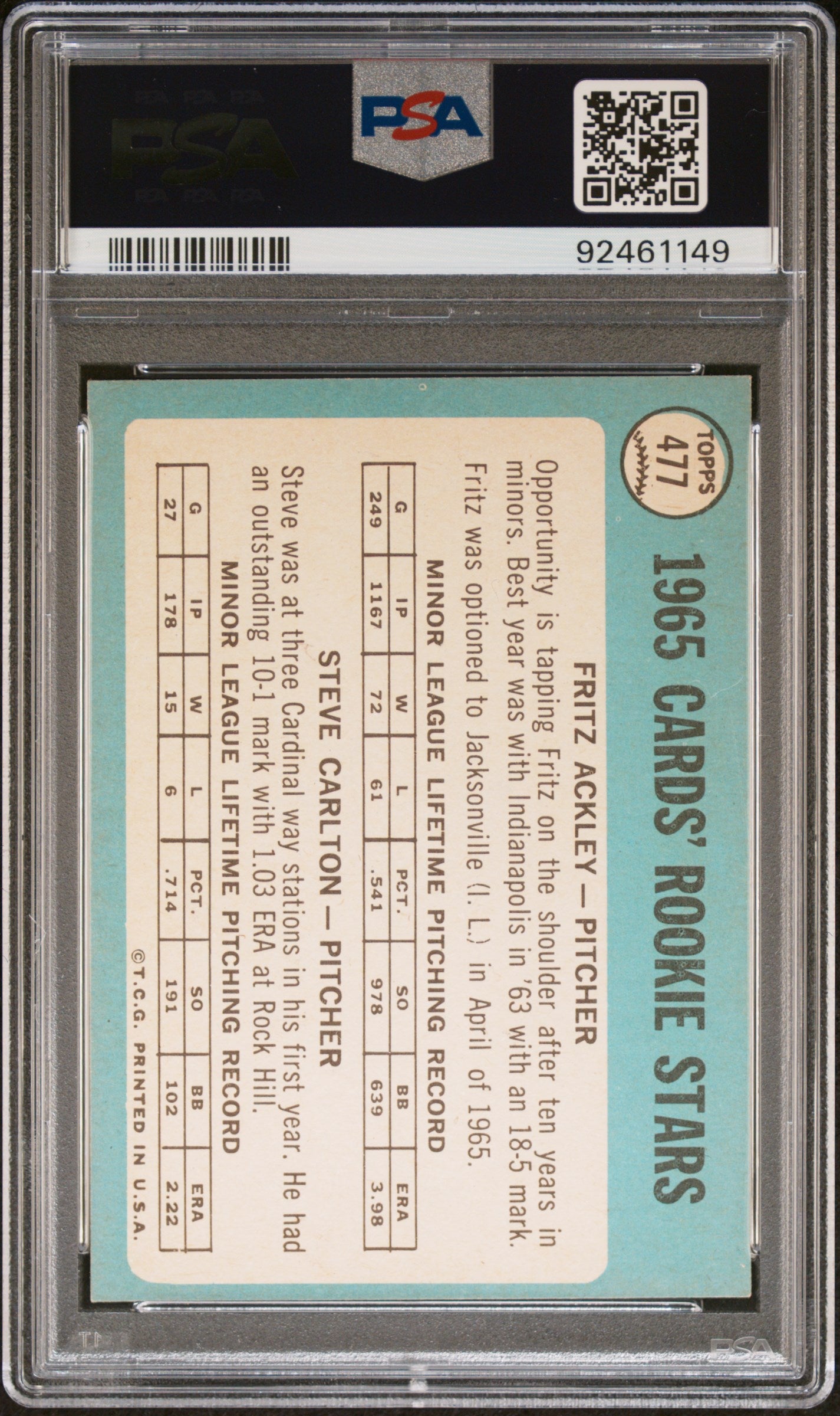 1965 Topps Cardinals Rookies #477 F. Ackley S. Carlton PSA 7