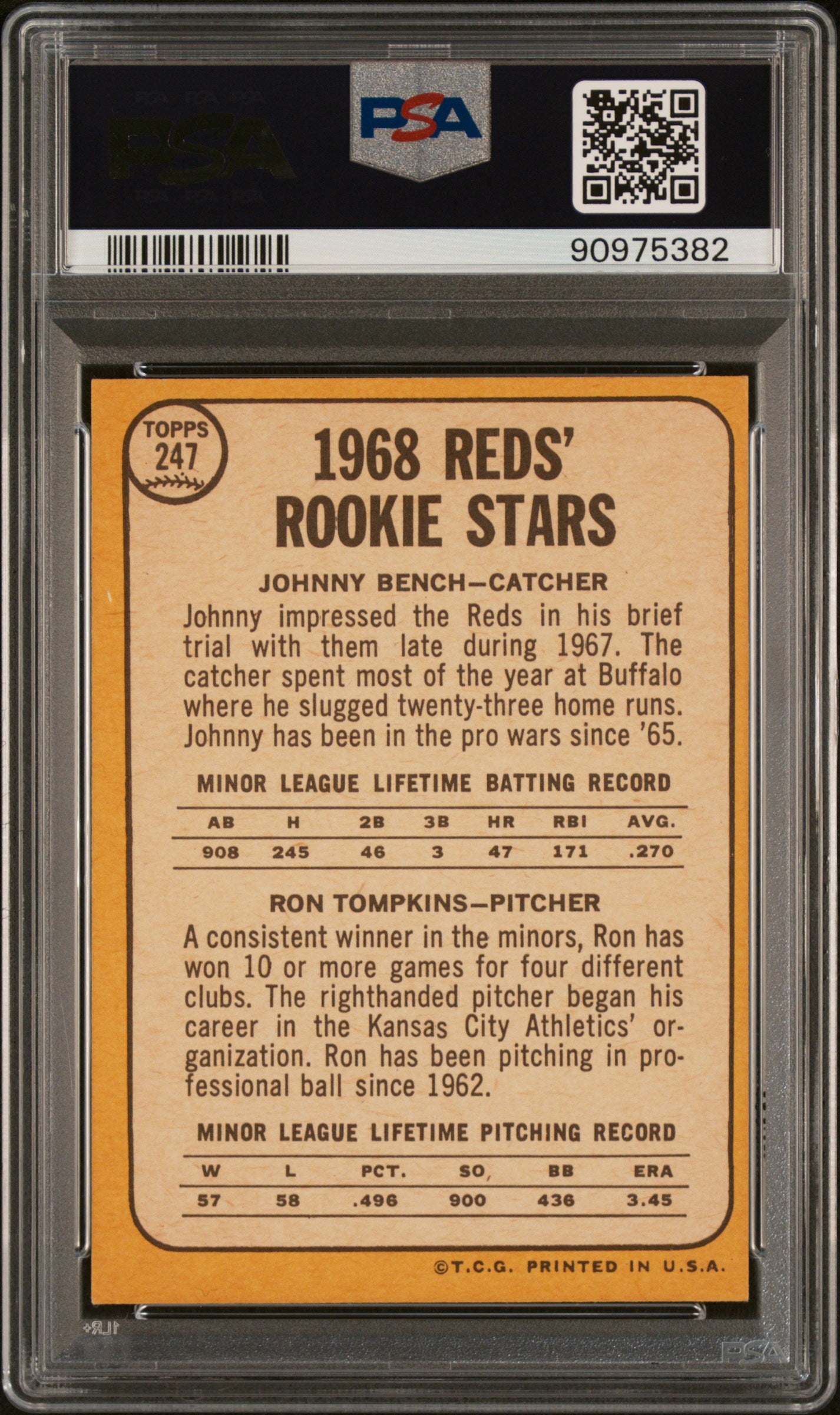 1968 Topps Reds Rookies #247 J. Bench R. Tompkins PSA 9