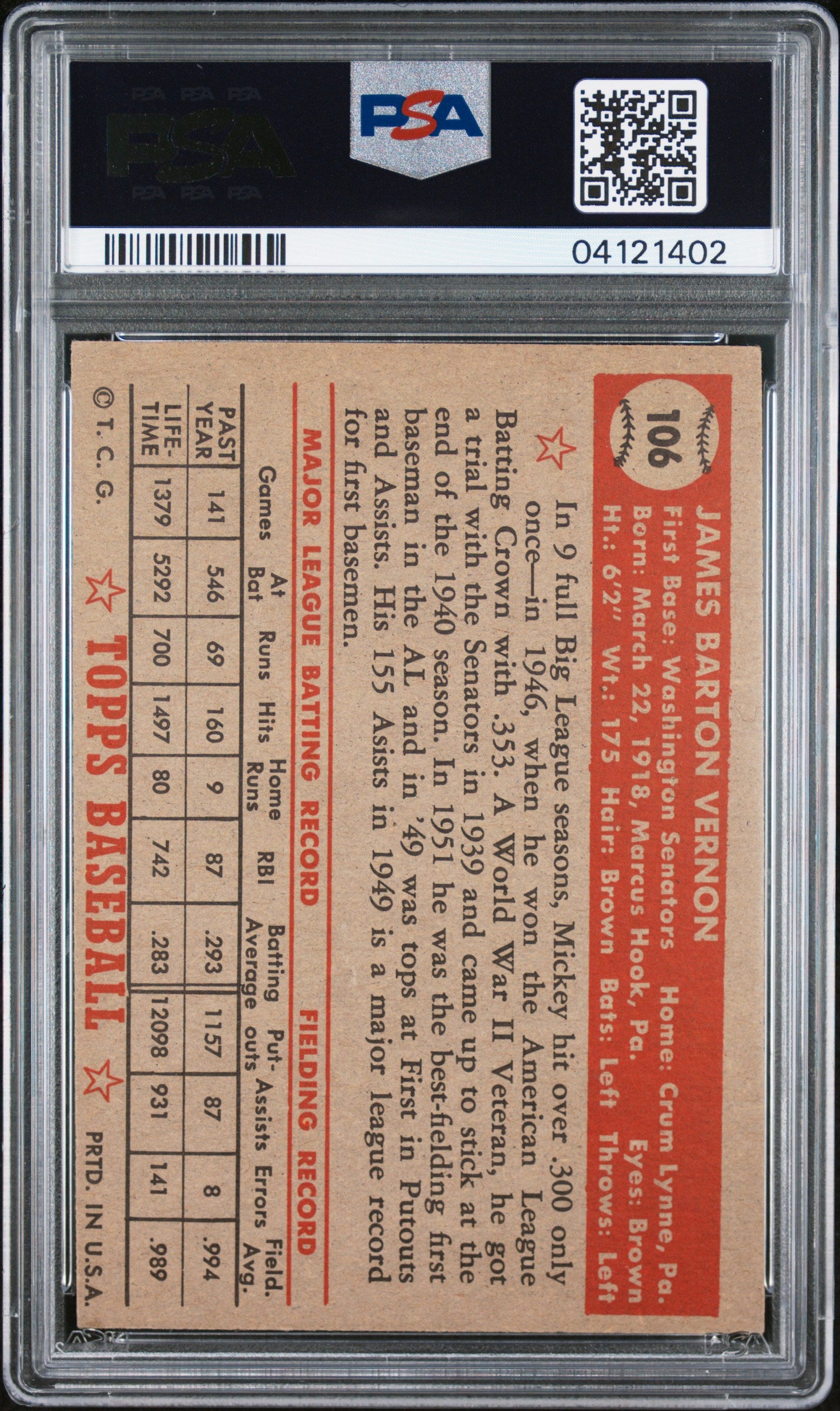 1952 Topps Mickey Vernon #106 PSA 7