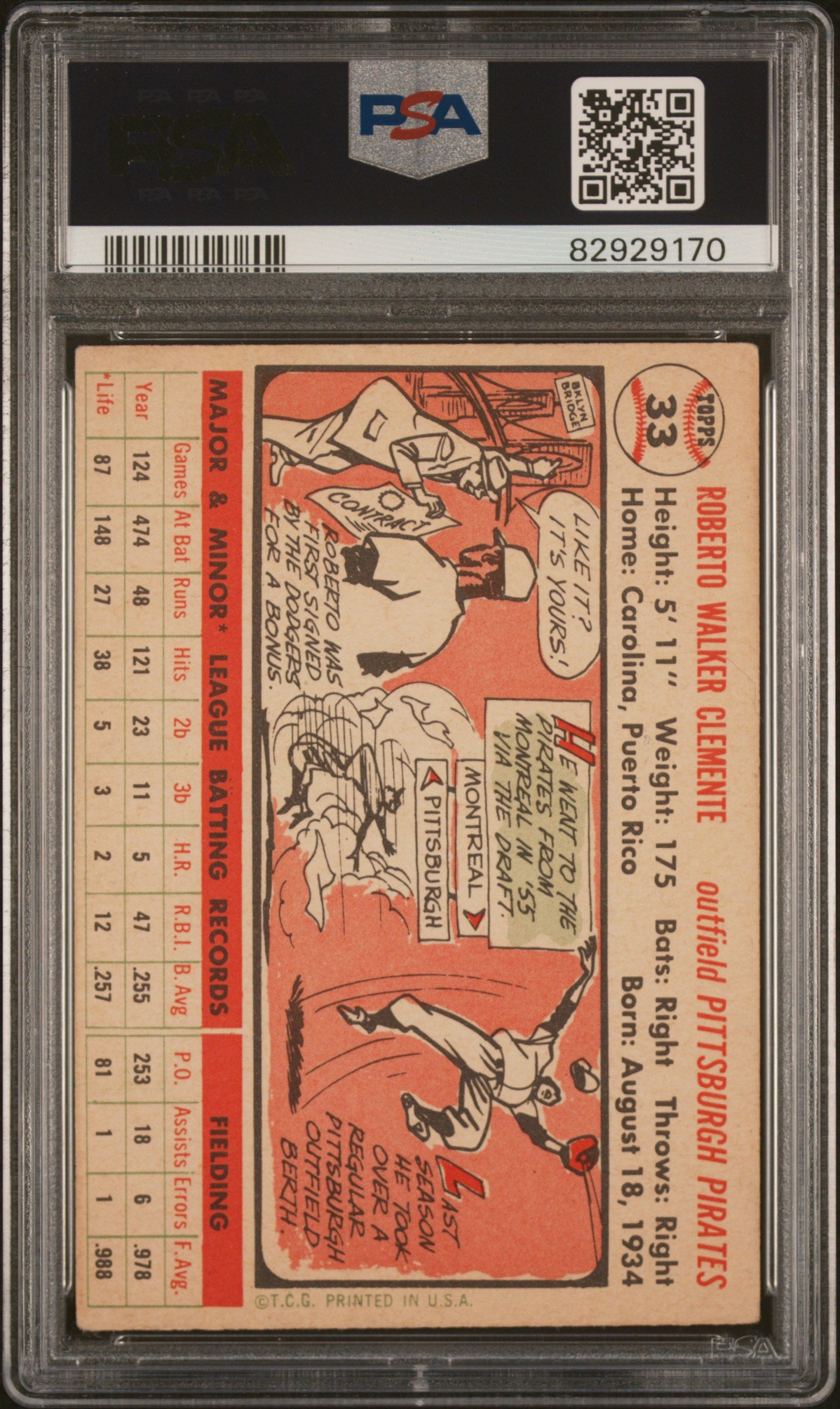 1956 Topps Roberto Clemente #33 White Back PSA 4