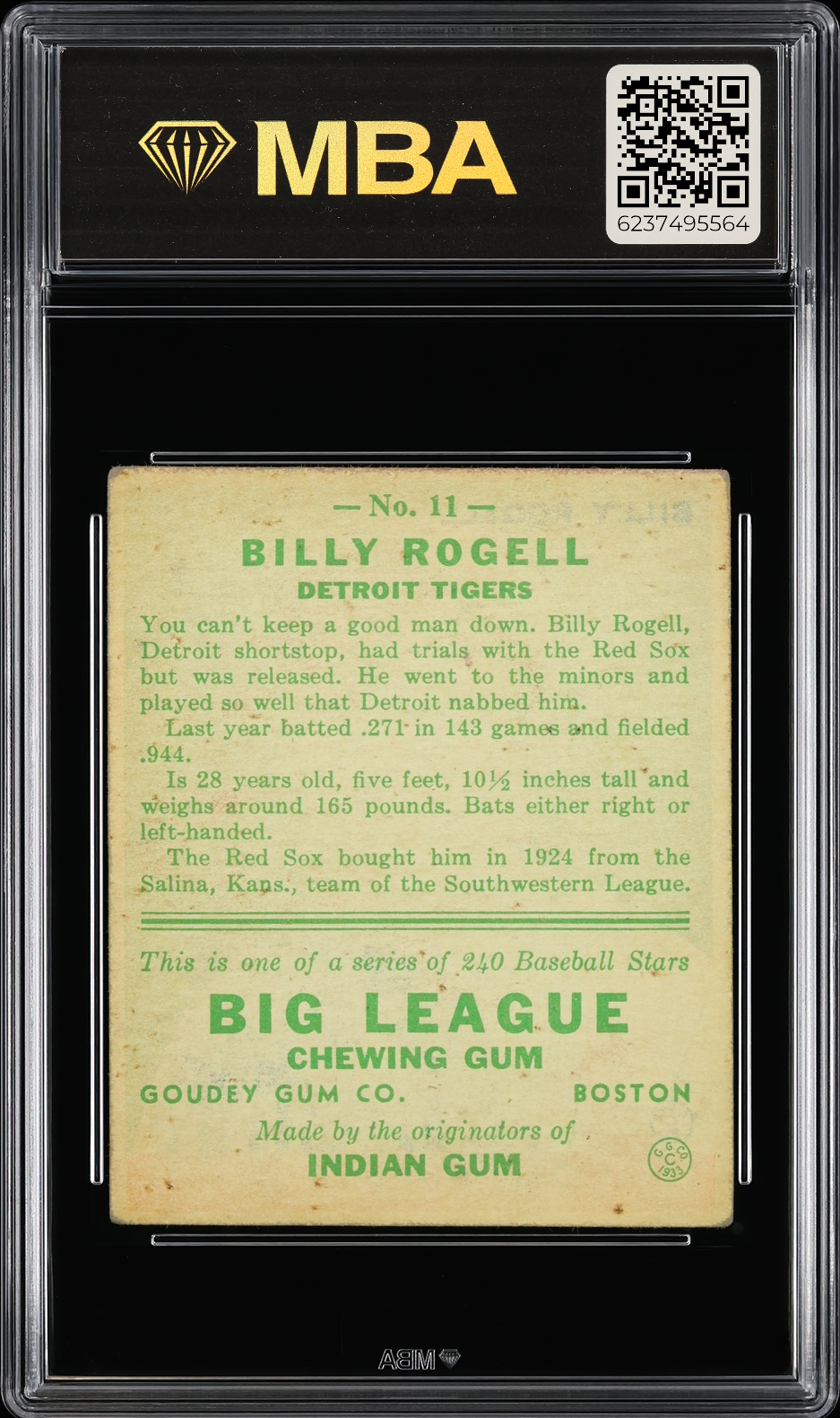 1933 Goudey Billy Rogell #11 MBA 3