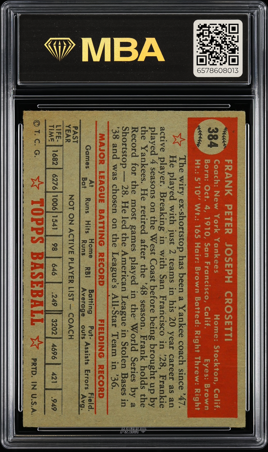 1952 Topps Frank Crosetti #384 MBA 2