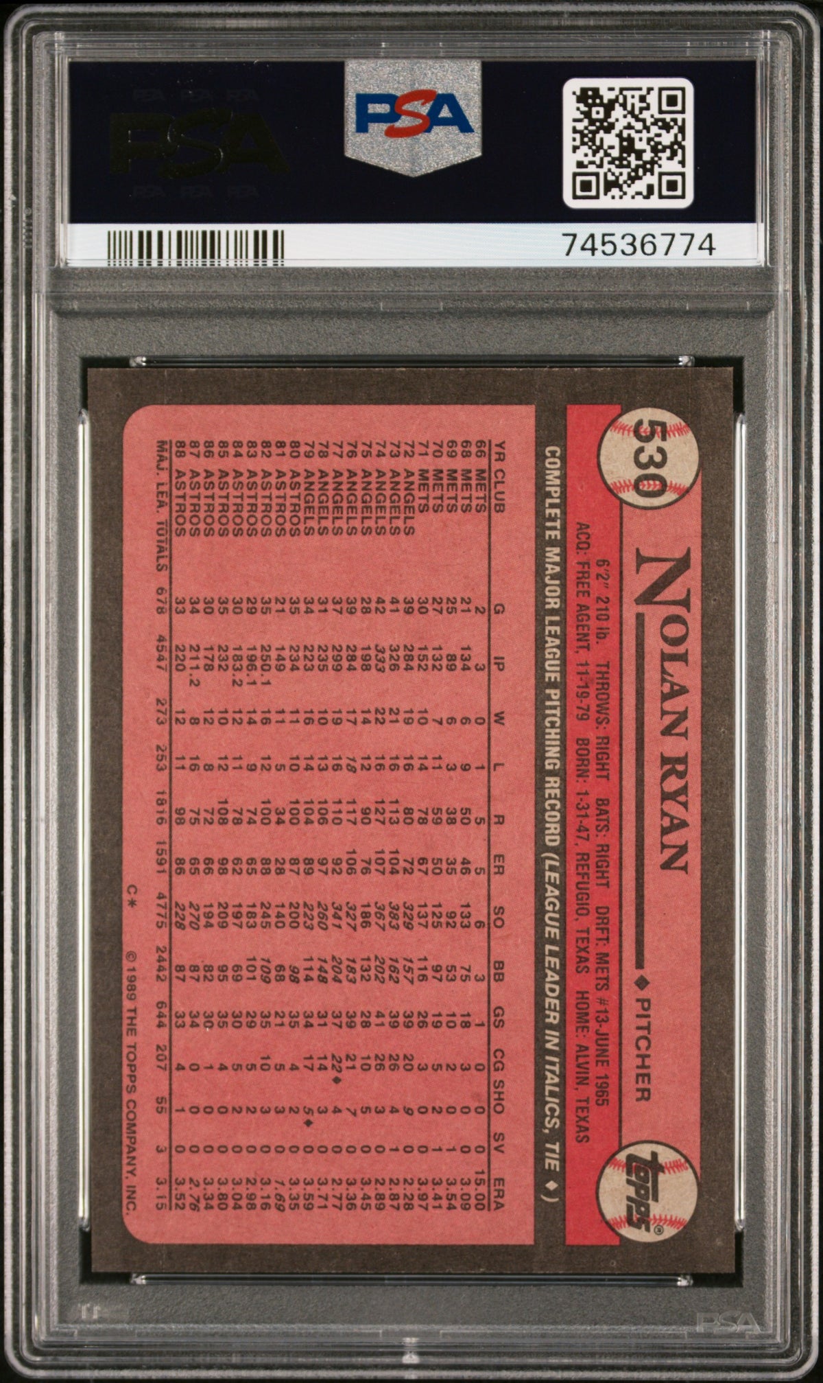 1989 Topps Nolan Ryan #530 PSA 10