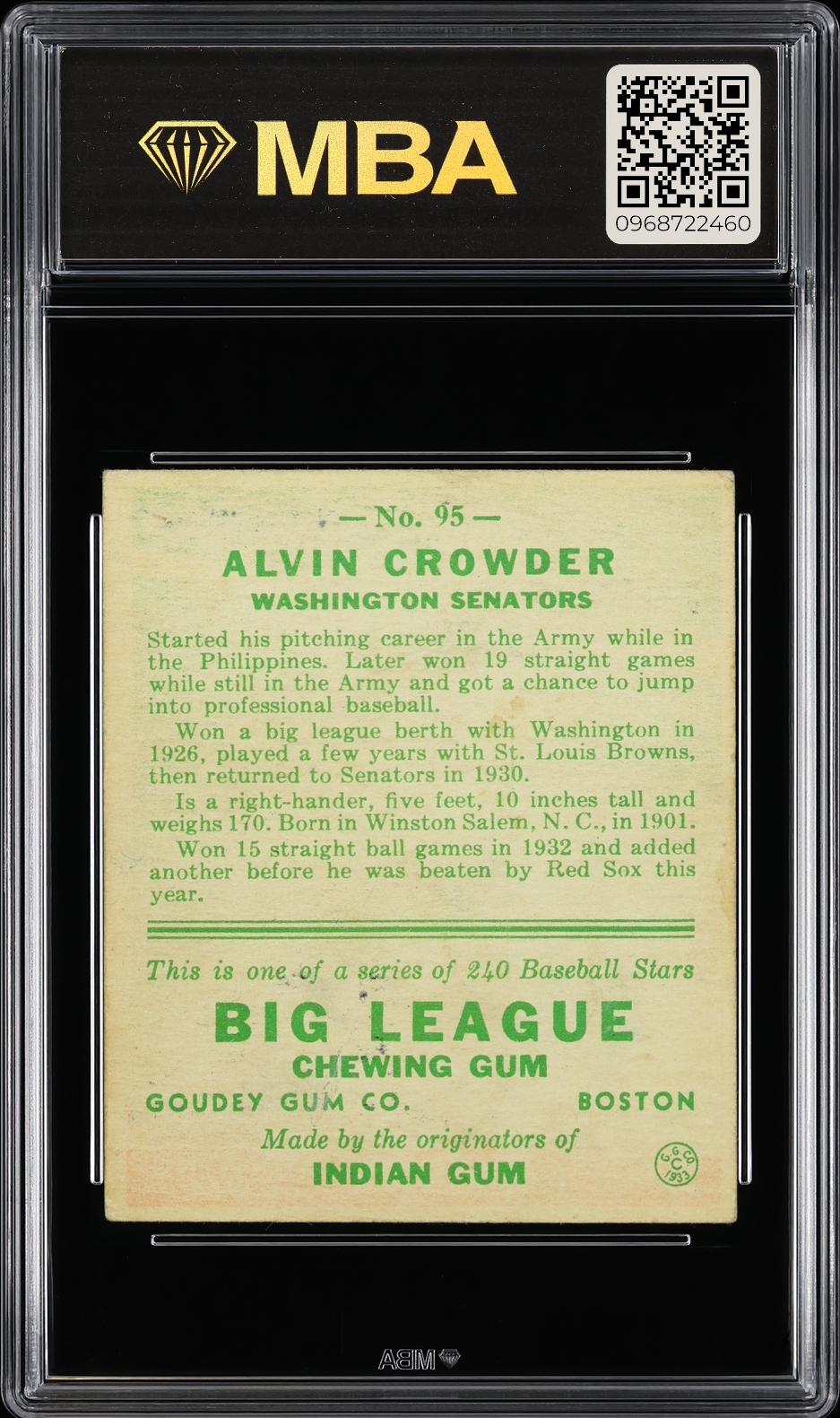 1933 Goudey Alvin Crowder #95 MBA 4