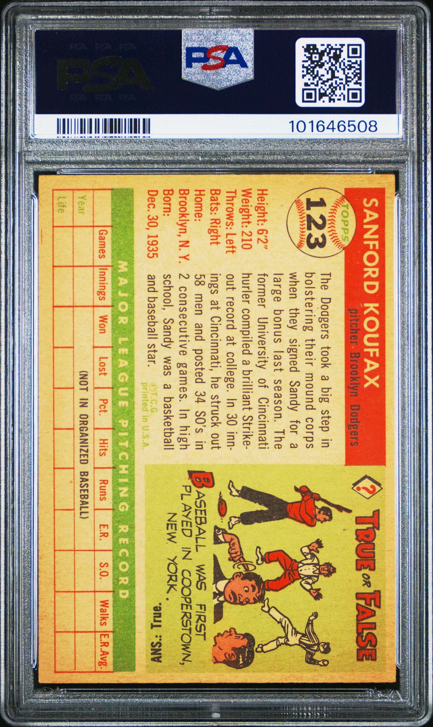 1955 Topps Sandy Koufax #123 PSA 6